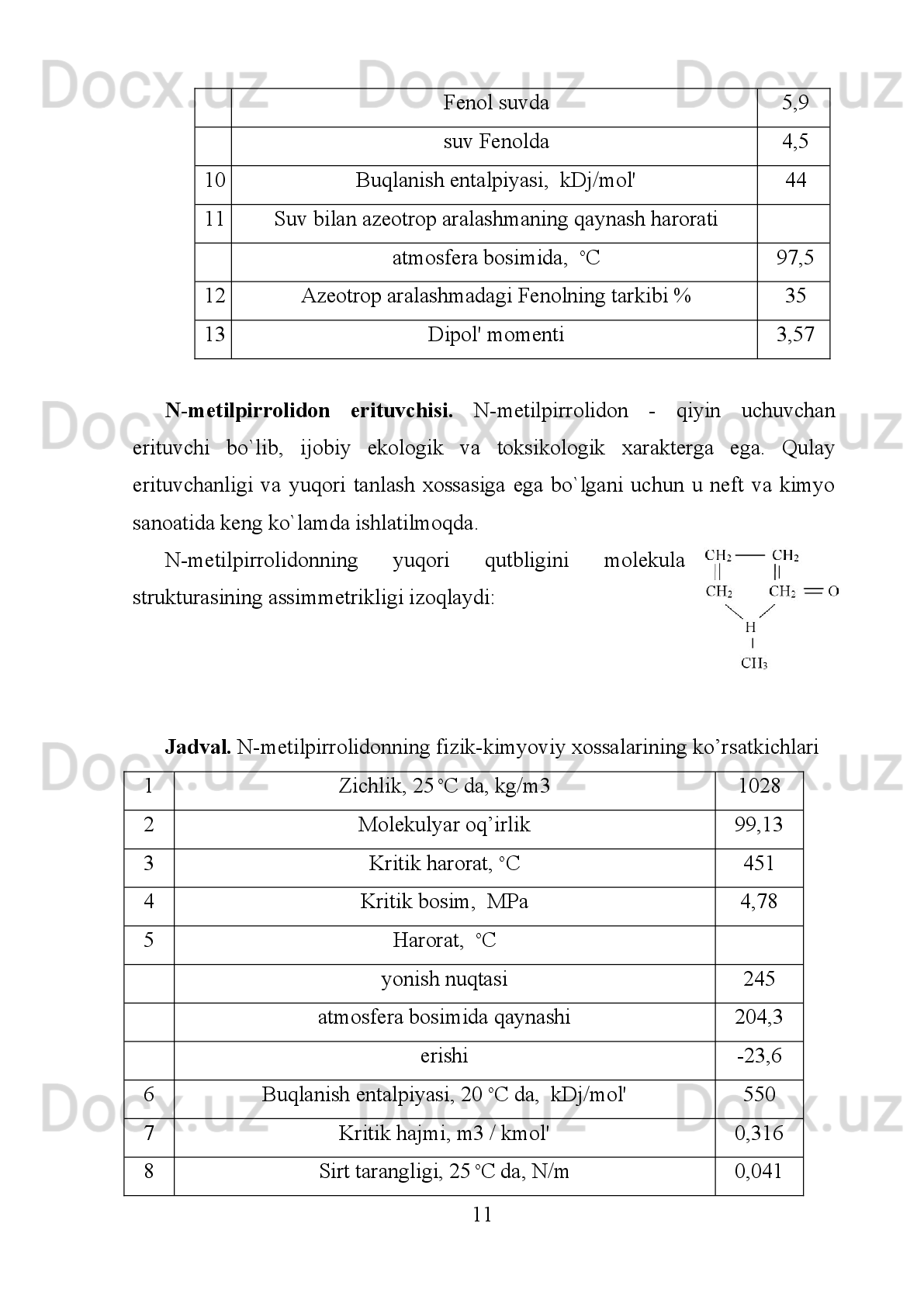 Hozirda zavodda neft mahsulotlarini 50 dan ortiq xili ishlab chiqariladi. 
Adabiyotlar shaxri
1.1. Fenol yordamida tozalash texnologiyasi
Neft moylarni ishlab chiqarishda asosiy jarayonlaridan biri tanlab (selektiv)
tozalash   jarayonidir.   Bu   jarayonlar   orqali   moylarni   ishlatishning   muhim
xususiyatlari,   ya`ni   oksidlanishga   barqarorligi   va   issiqlik   –   qovushqoqlik
xususiyatlarini yahshilash imkoniyati mavjud. Jarayon neft moy xom ashyosidan
maxsus tanlangan erituvchilar yordamida oltingugurt va azot birikmalari, qisqa
yon   zanjirli   ko’p   siklli   aromatik   va   naften   –   aromatik   uglevodorodlarni,
to’yinmagan   uglevodorodlar   va   smolali   moddalardan   tozalashga   asoslangan.
Sanoat miqyosida tanlangan (selektiv) erituvchilar sifatida fenol, Fenol va bug’li
erituvchi aralashmalardan keng foydalaniladi. 
Selektiv   tozalashni   barcha   qurilmalari   texnologik   tizimda   quyidagi   asosiy
jarayonlar   kiradi.   Bunda   uzluksiz   ishlovchi   jihozlarda   xom   ashyo
komponentlarni   ekstraksiya   orqali   ikki   faza   hosil   qilish,   rafinatli   va   ekstraktli
erituvchidan   haydash   yo’li   orqali   erituvchini   uzluksiz   qayta   tiklash   hamda
erituvchini suvsizlantirish o’tkaziladi. 
Moylarni tanlab eritadigan erituvchilar yordamida tozalash. 
Moy   fraksiyalari   uglevodorodlarning   har-xil   sinflari   va   geterosiklik
birikmalarining   aralashmalaridan   iboratdir.   Uglevodorodlarni   fizik   xossalari
ularni ma`lum sinflarga mansub ekanligiga va molekulyar massalariga boqliqdir.
Geterosiklik   uglevodorodlarni   fizik   xossalari   boshqalardan   farqi   bo`lib,   ular
qarxil haroratlarda har-xil tezlikda organik erituvchilarda tanlanib eriydilar. 
Tanlab yoki selektiv erituvchilar deb, shunday suyuq moddalarga aytiladiki,
ma`lum   haroratda   neft   mahsulotlari   aralashmasidan   faqat   keraksiz,   tozalanishi
kerak   bo`lgan   komponentlarni   ajratib   oladigan,   bu   jarayonda   boshqa
uglevodorodlarni   eritmasdan   va   ularda   erimasdan   qoladigan   moddaga   aytiladi.
Tozalash maqsadlari uchun shunday erituvchilar tanlab olinadiki, ular birbiridan
keskin farqlanadigan erkin haroratda har-xil moddalarni eritadigan bo`lsin. 
3