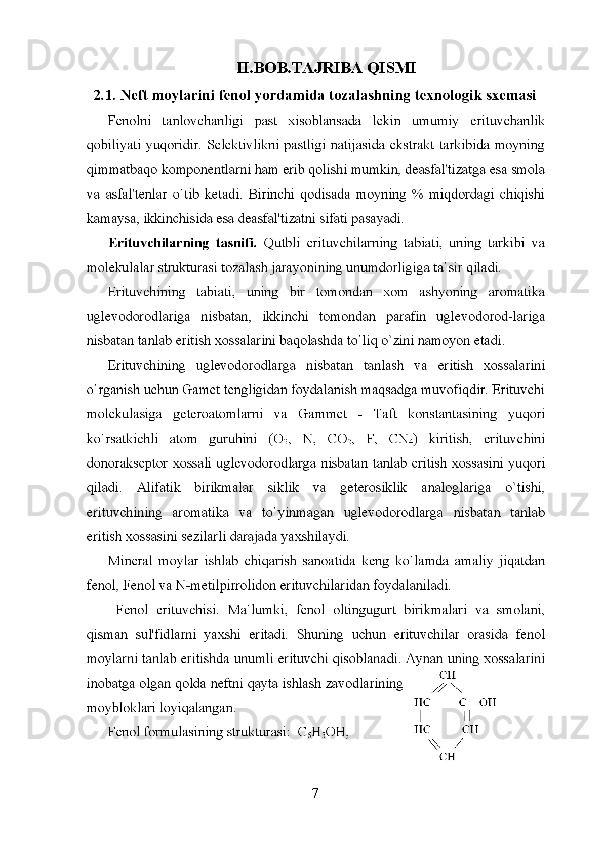 Konradson bo’yicha koksliligi,
% (mass.) -------- -------- --- - ---
0,9
Oltingugurt miqdori, %(mass.) 1,7 1,6 1,8 1,5
Jarayon parametrlari
Fenolni xom ashyoga nisbatan
sarfi, %(mass.) 350 200 400 550
Kolonnadagi temperatura, 0
S
Yuqorisida Pastida 45
32 60
40 65
45 88
68
Rafinat tavsifi
Zichlik 20 0
S dagi, kg/m 3
838 855 867 876
Qovushqoqlik 100 0
Sda, mm 2
/c 7,7 4,9 6,8 15,4
Konradson bo’yicha koksliligi,
% (mass.) ------ ------- ------
0,2
Oltingugurt miqdori, %(mass.) 0,3 0,4 0,4 ------
Qovushqoqlik indeksi (tayyor
moy) 104 103 97 95
Rafinat chqishi, % (mass.) 51 55 65 50
19