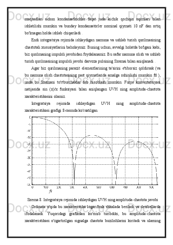 maqsadlari   uchun   kondansatkichlar   faqat   juda   kichik   qochqin   oqimlari   bilan
ishlatilishi   mumkin   va   bunday   kondansatörler   nominal   qiymati   10   nF   dan   ortiq
bo'lmagan holda ishlab chiqariladi .
Endi  integratsiya rejimida ishlaydigan namuna va ushlab turish qurilmasining
chastotali xususiyatlarini baholaymiz. Buning uchun, avvalgi holatda bo'lgani kabi,
biz qurilmaning impulsli javobidan foydalanamiz. Bu safar namuna olish va ushlab
turish qurilmasining impulsli javobi darvoza pulsining Sxemai bilan aniqlanadi .
Agar   biz   qurilmaning   parazit   elementlarining   ta'sirini   e'tiborsiz   qoldirsak   (va
bu namuna olish chastotasining past qiymatlarida amalga oshirilishi mumkin fd ),
unda   bu   Sxemani   to'rtburchaklar   deb   hisoblash   mumkin.   Furye   konvertatsiyasi
natijasida   sin   (x)/x   funksiyasi   bilan   aniqlangan   UVH   ning   amplituda-chastota
xarakteristikasini olamiz.
Integratsiya   rejimida   ishlaydigan   UVH   ning   amplituda-chastota
xarakteristikasi grafigi 8-rasmda ko'rsatilgan.
Sxema 8. Integratsiya rejimida ishlaydigan UVH ning amplituda-chastota javobi
Ordinata   o'qida   bu  xarakteristika   logarifmik  shkalada   beriladi   va   desibellarda
ifodalanadi.   Yuqoridagi   grafikdan   ko'rinib   turibdiki,   bu   amplituda-chastota
xarakteristikasi   o'zgartirilgan   signalga   chastota   buzilishlarini   kiritadi   va   ularning 