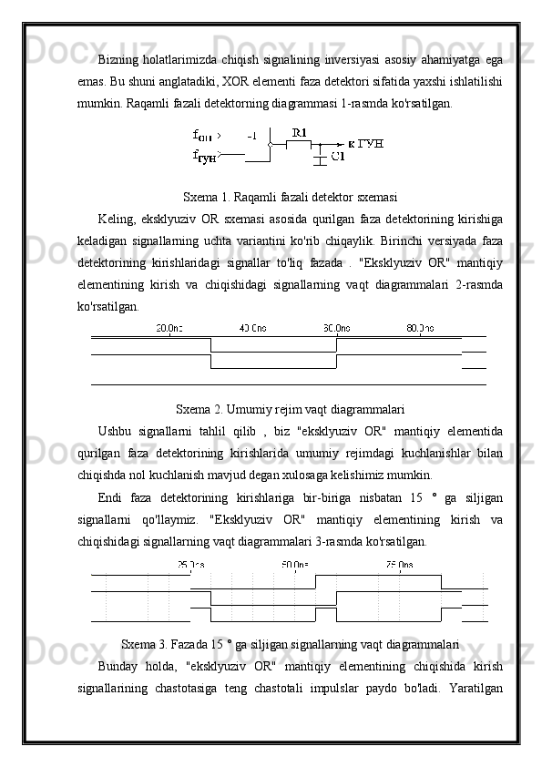 Bizning   holatlarimizda   chiqish   signalining   inversiyasi   asosiy   ahamiyatga   ega
emas. Bu shuni anglatadiki, XOR elementi faza detektori sifatida yaxshi ishlatilishi
mumkin. Raqamli fazali detektorning diagrammasi 1-rasmda ko'rsatilgan.
Sxema 1. Raqamli fazali detektor sxemasi
Keling,   eksklyuziv   OR   sxemasi   asosida   qurilgan   faza   detektorining   kirishiga
keladigan   signallarning   uchta   variantini   ko'rib   chiqaylik.   Birinchi   versiyada   faza
detektorining   kirishlaridagi   signallar   to'liq   fazada   .   "Eksklyuziv   OR"   mantiqiy
elementining   kirish   va   chiqishidagi   signallarning   vaqt   diagrammalari   2-rasmda
ko'rsatilgan.
Sxema 2. Umumiy rejim vaqt diagrammalari
Ushbu   signallarni   tahlil   qilib   ,   biz   "eksklyuziv   OR"   mantiqiy   elementida
qurilgan   faza   detektorining   kirishlarida   umumiy   rejimdagi   kuchlanishlar   bilan
chiqishda nol kuchlanish mavjud degan xulosaga kelishimiz mumkin.
Endi   faza   detektorining   kirishlariga   bir-biriga   nisbatan   15   °   ga   siljigan
signallarni   qo'llaymiz.   "Eksklyuziv   OR"   mantiqiy   elementining   kirish   va
chiqishidagi signallarning vaqt diagrammalari 3-rasmda ko'rsatilgan.
Sxema 3. Fazada 15 ° ga siljigan signallarning vaqt diagrammalari
Bunday   holda,   "eksklyuziv   OR"   mantiqiy   elementining   chiqishida   kirish
signallarining   chastotasiga   teng   chastotali   impulslar   paydo   bo'ladi.   Yaratilgan 