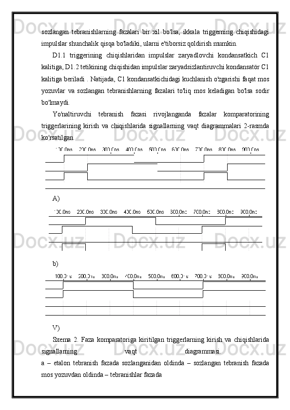 sozlangan   tebranishlarning   fazalari   bir   xil   bo'lsa,   ikkala   triggerning   chiqishidagi
impulslar shunchalik qisqa bo'ladiki, ularni e'tiborsiz qoldirish mumkin.
D1.1   triggerining   chiqishlaridan   impulslar   zaryadlovchi   kondansatkich   C1
kalitiga, D1.2 tetikining chiqishidan impulslar zaryadsizlantiruvchi kondansatör C1
kalitiga beriladi . Natijada, C1 kondansatkichidagi kuchlanish o'zgarishi faqat mos
yozuvlar   va   sozlangan   tebranishlarning   fazalari   to'liq   mos   keladigan   bo'lsa   sodir
bo'lmaydi.
Yo'naltiruvchi   tebranish   fazasi   rivojlanganda   fazalar   komparatorining
triggerlarining   kirish   va   chiqishlarida   signallarning   vaqt   diagrammalari   2-rasmda
ko'rsatilgan.
A)
b)
V)
Sxema   2.   Faza   komparatoriga   kiritilgan   triggerlarning   kirish   va   chiqishlarida
signallarning   vaqt   diagrammasi.  
a   –   etalon   tebranish   fazada   sozlanganidan   oldinda   –   sozlangan   tebranish   fazada
mos yozuvdan oldinda – tebranishlar fazada 