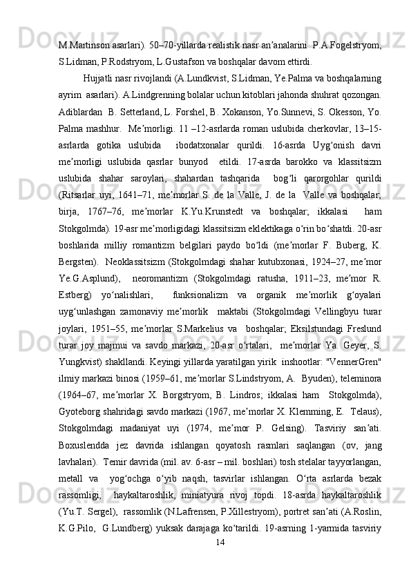 M.Martinson asarlari). 50–70-yillarda realistik nasr an analarini  P.A.Fogelstryom,ʼ
S.Lidman, P.Rodstryom, L.Gustafson va boshqalar davom ettirdi.  
Hujjatli nasr rivojlandi (A.Lundkvist, S.Lidman, Ye.Palma va boshqalarning
ayrim  asarlari). A.Lindgrenning bolalar uchun kitoblari jahonda shuhrat qozongan.
Adiblardan   B. Setterland, L. Forshel, B. Xokanson, Yo.Sunnevi, S. Okesson, Yo.
Palma mashhur.   Me morligi. 11 –12-asrlarda roman uslubida cherkovlar, 13–15-	
ʼ
asrlarda   gotika   uslubida     ibodatxonalar   qurildi.   16-asrda   Uyg onish   davri	
ʻ
me morligi   uslubida   qasrlar   bunyod     etildi.   17-asrda   barokko   va   klassitsizm	
ʼ
uslubida   shahar   saroylari,   shahardan   tashqarida     bog li   qarorgohlar   qurildi	
ʻ
(Ritsarlar   uyi,   1641–71,   me morlar   S.   de   la   Valle,   J.   de   la     Valle   va   boshqalar;	
ʼ
birja,   1767–76,   me morlar   K.Yu.Krunstedt   va   boshqalar;   ikkalasi     ham	
ʼ
Stokgolmda). 19-asr me morligidagi klassitsizm eklektikaga o rin bo shatdi. 20-asr	
ʼ ʻ ʻ
boshlarida   milliy   romantizm   belgilari   paydo   bo ldi   (me morlar   F.   Buberg,   K.	
ʻ ʼ
Bergsten).     Neoklassitsizm   (Stokgolmdagi   shahar   kutubxonasi,   1924–27,   me mor	
ʼ
Ye.G.Asplund),     neoromantizm   (Stokgolmdagi   ratusha,   1911–23,   me mor   R.	
ʼ
Estberg)   yo nalishlari,     funksionalizm   va   organik   me morlik   g oyalari	
ʻ ʼ ʻ
uyg unlashgan   zamonaviy   me morlik     maktabi   (Stokgolmdagi   Vellingbyu   turar	
ʻ ʼ
joylari,   1951–55,   me morlar   S.Markelius   va     boshqalar;   Eksilstundagi   Freslund	
ʼ
turar   joy   majmui   va   savdo   markazi,   20-asr   o rtalari,     me morlar   Ya.   Geyer,   S.	
ʻ ʼ
Yungkvist) shakllandi. Keyingi yillarda yaratilgan yirik  inshootlar: "VennerGren"
ilmiy markazi binosi (1959–61, me morlar S.Lindstryom, A.  Byuden), teleminora	
ʼ
(1964–67,   me morlar   X.   Borgstryom,   B.   Lindros;   ikkalasi   ham     Stokgolmda),	
ʼ
Gyoteborg shahridagi savdo markazi (1967, me morlar X. Klemming, E.  Telaus),	
ʼ
Stokgolmdagi   madaniyat   uyi   (1974,   me mor   P.   Gelsing).   Tasviriy   san ati.	
ʼ ʼ
Boxuslendda   jez   davrida   ishlangan   qoyatosh   rasmlari   saqlangan   (ov,   jang
lavhalari).  Temir davrida (mil. av. 6-asr – mil. boshlari) tosh stelalar tayyorlangan,
metall   va     yog ochga   o yib   naqsh,   tasvirlar   ishlangan.   O rta   asrlarda   bezak	
ʻ ʻ ʻ
rassomligi,     haykaltaroshlik,   miniatyura   rivoj   topdi.   18-asrda   haykaltaroshlik
(Yu.T. Sergel),   rassomlik (N.Lafrensen, P.Xillestryom), portret san ati (A.Roslin,	
ʼ
K.G.Pilo,    G.Lundberg)  yuksak  darajaga  ko tarildi. 19-asrning  1-yarmida tasviriy	
ʻ
14 