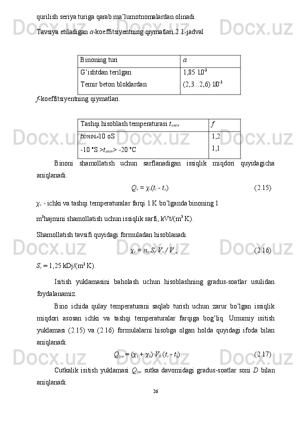 qurilish seriya turiga qarab ma lumotnomalardan olinadi. ʼ
Tavsiya etiladigan  a -koeffitsiyentning qiymatlari.2.1-jadval 
 
Binoning turi  a 
G’ishtdan terilgan  1,85 10 -3
 
Temir beton bloklardan  (2,3...2,6) 10 -3
 
f- koeffitsiyentning qiymatlari. 
 
Tashqi hisoblash temperaturasi  t
xmin   f 
txmin -10 oS  1,2 
-10  o
S > t
xmin > -20  o
C  1,1 
Binoni   shamollatish   uchun   sarflanadigan   issiqlik   miqdori   quyidagicha
aniqlanadi. 
Q
v  =  χ
v ( t
i  - t
x )  (2.15) 
χ
v   - ichki va tashqi temperaturalar farqi 1 K bo’lganda binoning 1 
m 3
hajmini shamollatish uchun issiqlik sarfi, kVt/(m 3
 K). 
Shamollatish tavsifi quyidagi formuladan hisoblanadi. 
χ
v  = n
x  S
r  V
v  / V  ;  (2.16) 
S
r   = 1,25 kDj/(m 3
 K). 
Isitish   yuklamasini   baholash   uchun   hisoblashning   gradus-soatlar   usulidan
foydalanamiz. 
Bino   ichida   qulay   temperaturani   saqlab   turish   uchun   zarur   bo’lgan   issiqlik
miqdori   asosan   ichki   va   tashqi   temperaturalar   farqiga   bog’liq.   Umumiy   isitish
yuklamasi   (2.15)   va   (2.16)   formulalarni   hisobga   olgan   holda   quyidagi   ifoda   bilan
aniqlanadi. 
Q
iyu   = ( χ
i  +  χ
v )  V
b   ( t
i  - t
x ).  (2.17) 
Cutkalik   isitish   yuklamasi   Q
iyu   sutka   davomidagi   gradus-soatlar   soni   D   bilan
aniqlanadi. 
26  
  