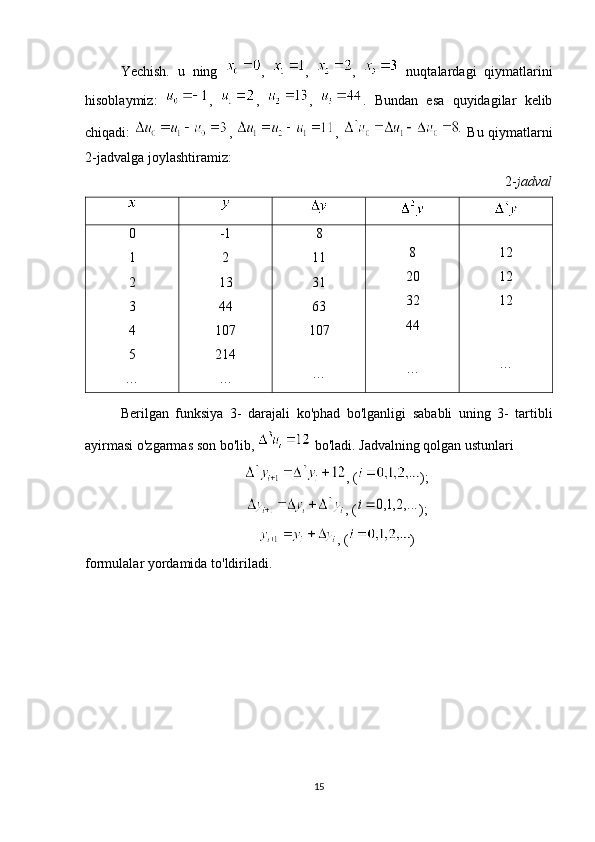 Yechish.   u   ning   ,   ,   ,     nuqtalardagi   qiymatlarini
hisoblaymiz:   ,   ,   ,   .   Bundan   esa   quyidagilar   kelib
chiqadi:   ,   ,   .
  Bu qiymatlarni
2-jadvalga joylashtiramiz:
2- jadval
0
1
2
3
4
5
… -1
2
13
44
107
214
… 8
11
31
63
107
… 8
20
32
44
… 12
12
12
…
Berilgan   funksiya   3-   darajali   ko ' phad   bo ' lganligi   sababli   uning   3-   tartibli
ayirmasi   o ' zgarmas   son   bo ' lib ,    bo ' ladi .  Jadvalning   qolgan   ustunlari
, ( );
, (0,1, 2,...	i );
, ( )
formulalar   yordamida   to ' ldiriladi .
15 