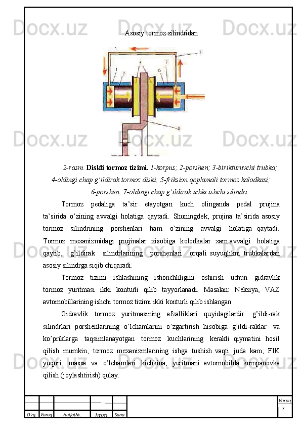 O’zg. Varoq Hujjat№.
Imzo Sana Varoq
 A	sosiy  	to	rm	oz  	silindridan	
2-	rasm.
 	Dis	kli  	tor	m	oz  	tizimi.  	1-ko	rpu	s;  2-po	rshen;  	3-bir	iktu	ruvchi  	trubk	a;	
4-oldi	ngi
 	chap  	g’i	ldi	rak  	to	rmoz  	di	ski;  	5-fr	iksion  	qoplamali  	to	rm	oz  	kalodka	si;	
6-po	rshen;
 	7-old	ingi  	chap  	g’i	ldi	rak  	ichki  	ishchi  	silind	ri.
To r m oz   p e d a l i g a   t a ’ s i r   e t a y o t g an   k u c h   o l i n g a nd a   p e d a l   p r u j i n a
t a ’ s i r i d a   o’z in i ng   a vv a lg i   h o l a t i g a   q a y t a d i .   S h u n in g d e k,   p r u j i n a   t a ’ s i r i d a   a s o s i y
t or m o z   s i l i nd r i n ing   p ors h e n l ari   ha m   o’ zi n i ng   a v v a lg i   h o l a t ig a   qa y ta d i .
T or m o z   m ex an i z m i d a g i   p r u j i n a l a r   x i s o bi g a   k o lo d ka l ar   x a m  a v v a lg i   h o l a t i g a
q a y t i b ,   g’ i l d i r ak   s i l i n d r l a r i n i n g   p or s h e n l a r i   or q a l i   s u y uq l i kn i   t r u bk a l a r d a n
as o s i y   s i l i n d r g a   s i q i b c h i q a r a d i .
T o r m o z   t i z i m i   i s h l a s hi n i n g   i s h o nch l i l i g in i   o s hi r i s h   u chu n   g i d r av l i k
t o r m o z   y u r it m a s i   i k k i   k o nt u r l i   q i l i b   t a yy o r l an a d i .   M a s a l an :   N e k s i y a ,   V A Z
a v t o m o bil l a r inin g   i s hc h i   t o rm o z   t i z i m i   i k k i   k o ntu r l i   q i l i b   i s h l an g a n .
G i d ra vl ik   t o r m o z   y ur it m as i ning   a f zal l i k l a r i   q u y i d a g i l a rd ir:   g ’ i l d i -ra k
s i lin d r l a r i   p orsh e n l a r in in g   o’ l ch a m l ari n i   o’ zg a r t i r i s h   hi s ob i g a   g’ i l d i - r ak l ar   va
ko’ p r i k larga   t a qs i m l a n a y ot ga n   t o rm o z   k u c h l a r i n i n g   k e r a k l i   q i y m a t i n i   h o s i l
qi l i s h   m u m k i n,   t or m o z   m ex an i z m l ar in i ng   i s h g a   tu s h i sh   v aq t i   j u da   kam,   F I K
y u q o r i ,   m a s s a   v a   o ’l c ha mla r i   k i c hk i na,   y urit m a ni   a v t o m o b i ld a   k o m p an ovk a
qi l i s h   ( j oy las h t i ri s h )   q u l a y .
7