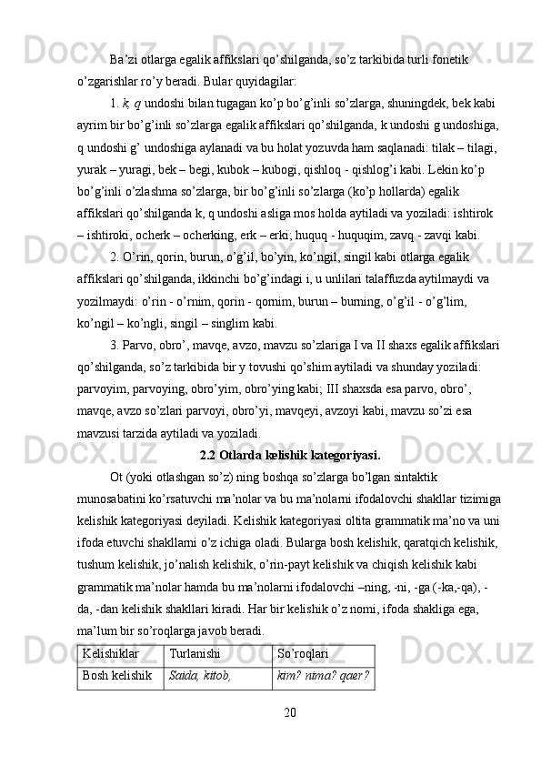 Ba’zi otlarga egalik affikslari qo’shilganda, so’z tarkibida turli fonetik 
o’zgarishlar ro’y beradi. Bular quyidagilar:
1.  k, q  undoshi bilan tugagan ko’p bo’g’inli so’zlarga, shuningdek, bek kabi 
ayrim bir bo’g’inli so’zlarga egalik affikslari qo’shilganda, k undoshi g undoshiga, 
q undoshi g’ undoshiga aylanadi va bu holat yozuvda ham saqlanadi: tilak – tilagi, 
yurak – yuragi, bek – begi, kubok – kubogi, qishloq - qishlog’i kabi. Lekin ko’p 
bo’g’inli o’zlashma so’zlarga, bir bo’g’inli so’zlarga (ko’p hollarda) egalik 
affikslari qo’shilganda k, q undoshi asliga mos holda aytiladi va yoziladi: ishtirok 
– ishtiroki, ocherk – ocherking, erk – erki; huquq - huquqim, zavq - zavqi kabi.
2. O’rin, qorin, burun, o’g’il, bo’yin, ko’ngil, singil kabi otlarga egalik 
affikslari qo’shilganda, ikkinchi bo’g’indagi i, u unlilari talaffuzda aytilmaydi va 
yozilmaydi: o’rin - o’rnim, qorin - qornim, burun – burning, o’g’il - o’g’lim, 
ko’ngil – ko’ngli, singil – singlim kabi.
3. Parvo, obro’, mavqe, avzo, mavzu so’zlariga I va II shaxs egalik affikslari
qo’shilganda, so’z tarkibida bir y tovushi qo’shim aytiladi va shunday yoziladi: 
parvoyim, parvoying, obro’yim, obro’ying kabi; III shaxsda esa parvo, obro’, 
mavqe, avzo so’zlari parvoyi, obro’yi, mavqeyi, avzoyi kabi, mavzu so’zi esa 
mavzusi tarzida aytiladi va yoziladi.
2.2 Otlarda kelishik kategoriyasi.
Ot (yoki otlashgan so’z) ning boshqa so’zlarga bo’lgan sintaktik 
munosabatini ko’rsatuvchi ma’nolar va bu ma’nolarni ifodalovchi shakllar tizimiga
kelishik kategoriyasi deyiladi. Kelishik kategoriyasi oltita grammatik ma’no va uni
ifoda etuvchi shakllarni o’z ichiga oladi. Bularga bosh kelishik, qaratqich kelishik, 
tushum kelishik, jo’nalish kelishik, o’rin-payt kelishik va chiqish kelishik kabi 
grammatik ma’nolar hamda bu ma’nolarni ifodalovchi –ning, -ni, -ga (-ka,-qa), -
da, -dan kelishik shakllari kiradi. Har bir kelishik o’z nomi, ifoda shakliga ega, 
ma’lum bir so’ roqlarga javob beradi.
Kelishiklar Turlanishi So’roqlari
Bosh kelishik Saida, kitob,  kim? nima? qaer?
20