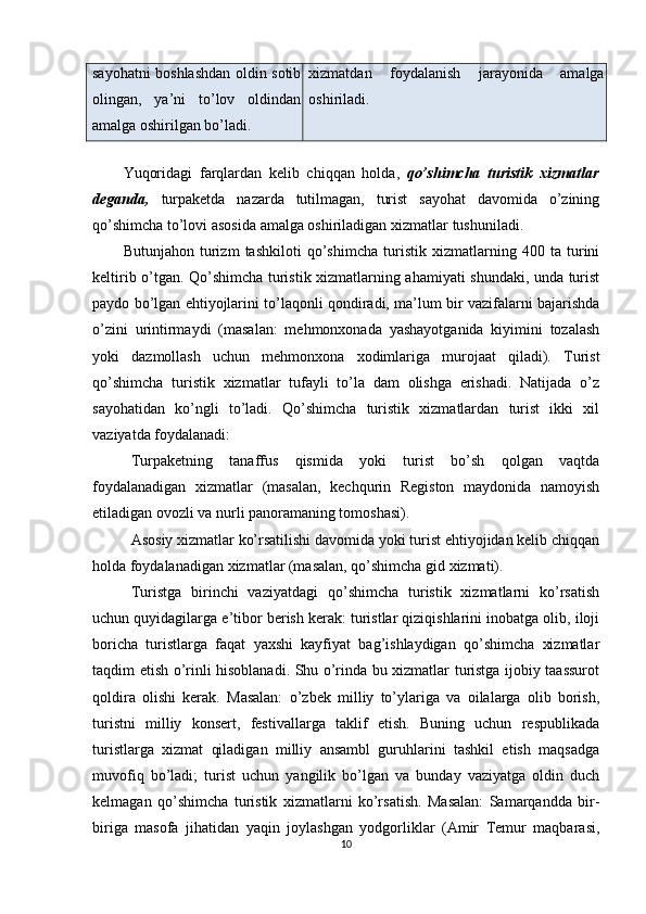 sayohatni boshlashdan oldin sotib
olingan,   ya’ni   to’lov   oldindan
amalga oshirilgan bo’ladi.  xizmatdan   foydalanish   jarayonida   amalga
oshiriladi. 
 
Yuqoridagi   farqlardan   kelib   chiqqan   holda,   qo’shimcha   turistik   xizmatlar
deganda,   turpaketda   nazarda   tutilmagan,   turist   sayohat   davomida   o’zining
qo’shimcha to’lovi asosida amalga oshiriladigan xizmatlar   tushuniladi. 
Butunjahon   turizm   tashkiloti   qo’shimcha   turistik   xizmatlarning   400   ta   turini
keltirib o’tgan. Qo’shimcha turistik xizmatlarning ahamiyati shundaki, unda turist
paydo bo’lgan ehtiyojlarini to’laqonli qondiradi, ma’lum bir vazifalarni bajarishda
o’zini   urintirmaydi   (masalan:   mehmonxonada   yashayotganida   kiyimini   tozalash
yoki   dazmollash   uchun   mehmonxona   xodimlariga   murojaat   qiladi).   Turist
qo’shimcha   turistik   xizmatlar   tufayli   to’la   dam   olishga   erishadi.   Natijada   o’z
sayohatidan   ko’ngli   to’ladi.   Qo’shimcha   turistik   xizmatlardan   turist   ikki   xil
vaziyatda foydalanadi: 
Turpaketning   tanaffus   qismida   yoki   turist   bo’sh   qolgan   vaqtda
foydalanadigan   xizmatlar   (masalan,   kechqurin   Registon   maydonida   namoyish
etiladigan ovozli va nurli panoramaning tomoshasi). 
Asosiy xizmatlar ko’rsatilishi davomida yoki turist ehtiyojidan kelib chiqqan
holda foydalanadigan xizmatlar (masalan, qo’shimcha gid xizmati). 
Turistga   birinchi   vaziyatdagi   qo’shimcha   turistik   xizmatlarni   ko’rsatish
uchun quyidagilarga e’tibor berish kerak: turistlar qiziqishlarini inobatga olib, iloji
boricha   turistlarga   faqat   yaxshi   kayfiyat   bag’ishlaydigan   qo’shimcha   xizmatlar
taqdim etish o’rinli hisoblanadi. Shu o’rinda bu xizmatlar turistga ijobiy taassurot
qoldira   olishi   kerak.   Masalan:   o’zbek   milliy   to’ylariga   va   oilalarga   olib   borish,
turistni   milliy   konsert,   festivallarga   taklif   etish.   Buning   uchun   respublikada
turistlarga   xizmat   qiladigan   milliy   ansambl   guruhlarini   tashkil   etish   maqsadga
muvofiq   bo’ladi;   turist   uchun   yangilik   bo’lgan   va   bunday   vaziyatga   oldin   duch
kelmagan   qo’shimcha   turistik   xizmatlarni   ko’rsatish.   Masalan:   Samarqandda   bir-
biriga   masofa   jihatidan   yaqin   joylashgan   yodgorliklar   (Amir   Temur   maqbarasi,
10 