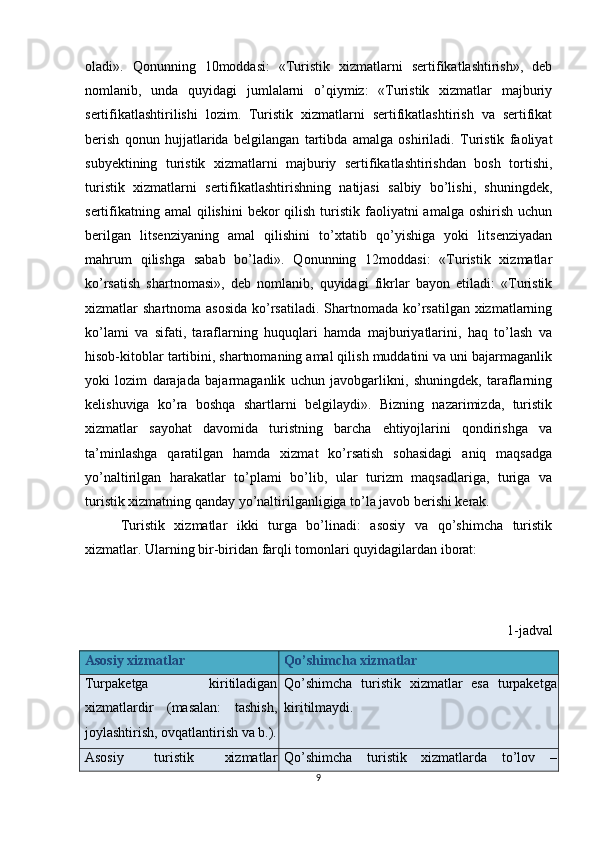oladi».   Qonunning   10moddasi:   «Turistik   xizmatlarni   sertifikatlashtirish»,   deb
nomlanib,   unda   quyidagi   jumlalarni   o’qiymiz:   «Turistik   xizmatlar   majburiy
sertifikatlashtirilishi   lozim.   Turistik   xizmatlarni   sertifikatlashtirish   va   sertifikat
berish   qonun   hujjatlarida   belgilangan   tartibda   amalga   oshiriladi.   Turistik   faoliyat
subyektining   turistik   xizmatlarni   majburiy   sertifikatlashtirishdan   bosh   tortishi,
turistik   xizmatlarni   sertifikatlashtirishning   natijasi   salbiy   bo’lishi,   shuningdek,
sertifikatning  amal   qilishini  bekor  qilish  turistik faoliyatni  amalga  oshirish  uchun
berilgan   litsenziyaning   amal   qilishini   to’xtatib   qo’yishiga   yoki   litsenziyadan
mahrum   qilishga   sabab   bo’ladi».   Qonunning   12moddasi:   «Turistik   xizmatlar
ko’rsatish   shartnomasi»,   deb   nomlanib,   quyidagi   fikrlar   bayon   etiladi:   «Turistik
xizmatlar  shartnoma asosida  ko’rsatiladi.  Shartnomada ko’rsatilgan xizmatlarning
ko’lami   va   sifati,   taraflarning   huquqlari   hamda   majburiyatlarini,   haq   to’lash   va
hisob-kitoblar tartibini, shartnomaning amal qilish muddatini va uni bajarmaganlik
yoki   lozim   darajada   bajarmaganlik   uchun   javobgarlikni,   shuningdek,   taraflarning
kelishuviga   ko’ra   boshqa   shartlarni   belgilaydi».   Bizning   nazarimizda,   turistik
xizmatlar   sayohat   davomida   turistning   barcha   ehtiyojlarini   qondirishga   va
ta’minlashga   qaratilgan   hamda   xizmat   ko’rsatish   sohasidagi   aniq   maqsadga
yo’naltirilgan   harakatlar   to’plami   bo’lib,   ular   turizm   maqsadlariga,   turiga   va
turistik xizmatning qanday yo’naltirilganligiga to’la javob berishi kerak. 
Turistik   xizmatlar   ikki   turga   bo’linadi:   asosiy   va   qo’shimcha   turistik
xizmatlar. Ularning bir-biridan farqli tomonlari quyidagilardan iborat: 
1-jadval 
Asosiy xizmatlar  Qo’shimcha xizmatlar 
Turpaketga   kiritiladigan
xizmatlardir   (masalan:   tashish,
joylashtirish, ovqatlantirish va b.). Qo’shimcha   turistik   xizmatlar   esa   turpaketga
kiritilmaydi. 
Asosiy   turistik   xizmatlar Qo’shimcha   turistik   xizmatlarda   to’lov   –
9 