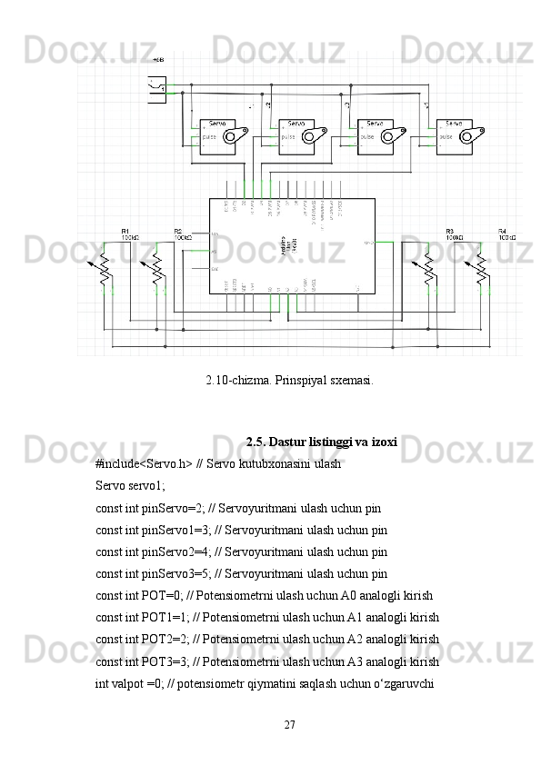 2.10-chizma. Prinspiyal sxemasi.
2.5. Dastur listinggi va izoxi
#include<Servo.h> // Servo kutubxonasini ulash
Servo servo1; 
const int pinServo=2; // Servoyuritmani ulash uchun pin 
const int pinServo1=3; // Servoyuritmani ulash uchun pin 
const int pinServo2=4; // Servoyuritmani ulash uchun pin 
const int pinServo3=5; // Servoyuritmani ulash uchun pin 
const int POT=0; // Potensiometrni ulash uchun A0 analogli kirish 
const int POT1=1; // Potensiometrni ulash uchun A1 analogli kirish 
const int POT2=2; // Potensiometrni ulash uchun A2 analogli kirish 
const int POT3=3; // Potensiometrni ulash uchun A3 analogli kirish 
int valpot =0; // potensiometr qiymatini saqlash uchun o‘zgaruvchi 
27 