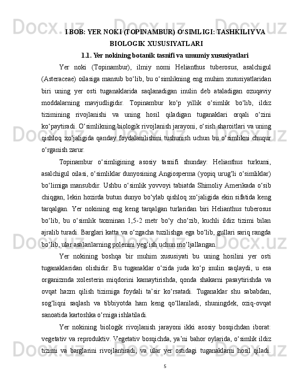 I BOB: YER NOKI (TOPINAMBUR) O‘SIMLIGI: TASHKILIY VA
BIOLOGIK XUSUSIYATLARI
1.1. Yer nokining botanik tasnifi va umumiy xususiyatlari
Yer   noki   (Topinambur),   ilmiy   nomi   Helianthus   tuberosus,   asalchigul
(Asteraceae)  oilasiga mansub bo‘lib, bu o‘simlikning eng muhim xususiyatlaridan
biri   uning   yer   osti   tuganaklarida   saqlanadigan   inulin   deb   ataladigan   ozuqaviy
moddalarning   mavjudligidir.   Topinambur   ko‘p   yillik   o‘simlik   bo‘lib,   ildiz
tizimining   rivojlanishi   va   uning   hosil   qiladigan   tuganaklari   orqali   o‘zini
ko‘paytiradi. O‘simlikning biologik rivojlanish jarayoni, o‘sish sharoitlari va uning
qishloq   xo‘jaligida   qanday   foydalanilishini   tushunish   uchun   bu   o‘simlikni   chuqur
o‘rganish zarur.
Topinambur   o‘simligining   asosiy   tasnifi   shunday:   Helianthus   turkumi,
asalchigul oilasi, o‘simliklar dunyosining Angiosperma (yopiq urug‘li o‘simliklar)
bo‘limiga mansubdir. Ushbu o‘simlik yovvoyi tabiatda Shimoliy Amerikada o‘sib
chiqgan, lekin hozirda butun dunyo bo‘ylab qishloq xo‘jaligida ekin sifatida keng
tarqalgan.   Yer   nokining   eng   keng   tarqalgan   turlaridan   biri   Helianthus   tuberosus
bo‘lib,   bu   o‘simlik   taxminan   1,5-2   metr   bo‘y   cho‘zib,   kuchli   ildiz   tizimi   bilan
ajralib turadi. Barglari katta va o‘zgacha tuzilishga ega bo‘lib, gullari sariq rangda
bo‘lib, ular asalarilarning polenini yeg‘ish uchun mo‘ljallangan.
Yer   nokining   boshqa   bir   muhim   xususiyati   bu   uning   hosilini   yer   osti
tuganaklaridan   olishidir.   Bu   tuganaklar   o‘zida   juda   ko‘p   inulin   saqlaydi,   u   esa
organizmda   xolesterin   miqdorini   kamaytirishda,   qonda   shakarni   pasaytirishda   va
ovqat   hazm   qilish   tizimiga   foydali   ta’sir   ko‘rsatadi.   Tuganaklar   shu   sababdan,
sog‘liqni   saqlash   va   tibbiyotda   ham   keng   qo‘llaniladi,   shuningdek,   oziq-ovqat
sanoatida kartoshka o‘rniga ishlatiladi.
Yer   nokining   biologik   rivojlanish   jarayoni   ikki   asosiy   bosqichdan   iborat:
vegetativ va reproduktiv. Vegetativ bosqichda, ya’ni bahor oylarida, o‘simlik ildiz
tizimi   va   barglarini   rivojlantiradi,   va   ular   yer   ostidagi   tuganaklarni   hosil   qiladi.
5