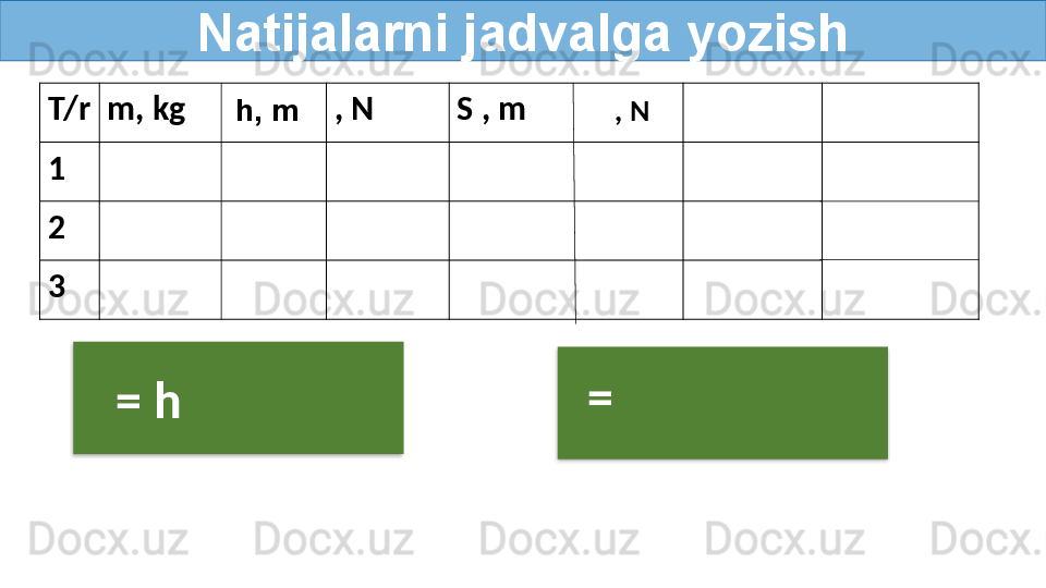 Natijalarni jadvalga yozish
T/r  m, kg , N S , m
1
2
3 h, m , N
=   h =     