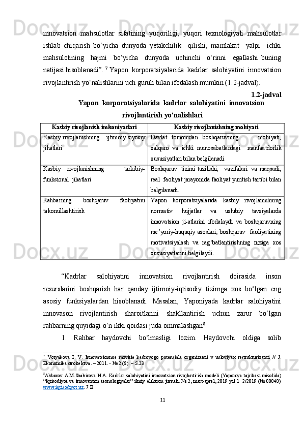 innovatsion   mahsulotlar   sifatining   yuqoriligi,   yuqori   texnologiyali   mahsulotlar
ishlab   chiqarish   bo‘yicha   dunyoda   yetakchilik     qilishi,   mamlakat     yalpi     ichki
mahsulotining     hajmi     bo‘yicha     dunyoda     uchinchi     o‘rinni     egallashi   buning
natijasi hisoblanadi”.  7
 Yapon  korporatsiyalarida  kadrlar  salohiyatini  innovatsion
rivojlantirish yo‘nalishlarini uch guruh bilan ifodalash mumkin (1. 2 -jadval). 
1. 2 -jadval
Yapon  korporatsiyalarida  kadrlar  salohiyatini  innovatsion
rivojlantirish yo‘nalishlari
Kasbiy rivojlanish imkoniyatlari Kasbiy rivojlanishning mohiyati
Kasbiy   rivojlanishning       ijtimoiy-siyosiy
jihatlari Davlat   tomonidan   boshqaruvning         mohiyati,
xalqaro   va   ichki   munosabatlardagi     manfaatdorlik
xususiyatlari bilan belgilanadi.
Kasbiy   rivojlanishning       tarkibiy-
funksional  jihatlari Boshqaruv   tizimi tuzilishi,     vazifalari   va maqsadi,
real  faoliyat jarayonida faoliyat yuritish tartibi bilan
belgilanadi.
Rahbarning     boshqaruv     faoliyatini
takomillashtirish Yapon   korporatsiyalarida   kasbiy   rivojlanishning
normativ     hujjatlar     va     uslubiy     tavsiyalarda
innovatsion   ji-atlarini   ifodalaydi   va   boshqaruvning
me’yoriy-huquqiy   asoslari,   boshqaruv     faoliyatining
motivatsiyalash   va   rag‘batlantirishning   щziga   xos
xususiyatlarini belgilaydi.
“Kadrlar     salohiyatini     innovatsion     rivojlantirish     doirasida     inson
resurslarini  boshqarish  har  qanday  ijtimoiy-iqtisodiy  tizimga  xos  bo‘lgan  eng
asosiy   funksiyalardan   hisoblanadi.   Masalan,    Yaponiyada   kadrlar   salohiyatini
innovason     rivojlantirish     sharoitlarini     shakllantirish     uchun     zarur     bo‘lgan
rahbarning quyidagi o‘n ikki qoidasi juda ommalashgan 8
:
1.     Rahbar     haydovchi     bo‘lmasligi     lozim.     Haydovchi     oldiga     solib
7
  Votyakova   I.   V.   Innovatsionnoe   razvitie   kadrovogo   potensiala   organizatsii   v   usloviyax   restrukturizatsii   //   J.
Ekonomika stroitelstva. – 2011. - № 2 (8). – S.23
8
Akbarov A.M.Shakirova N.A. Kadrlar salohiyatini innovatsion rivojlantirish modeli (Yaponiya tajribasi misolida)
“Iqtisodiyot va innovatsion texnologiyalar” ilmiy elektron jurnali. № 2, mart-aprel, 2019 yil 1   2/2019 (№ 00040)
www.iqtisodiyot.uz . 7 B.
11 