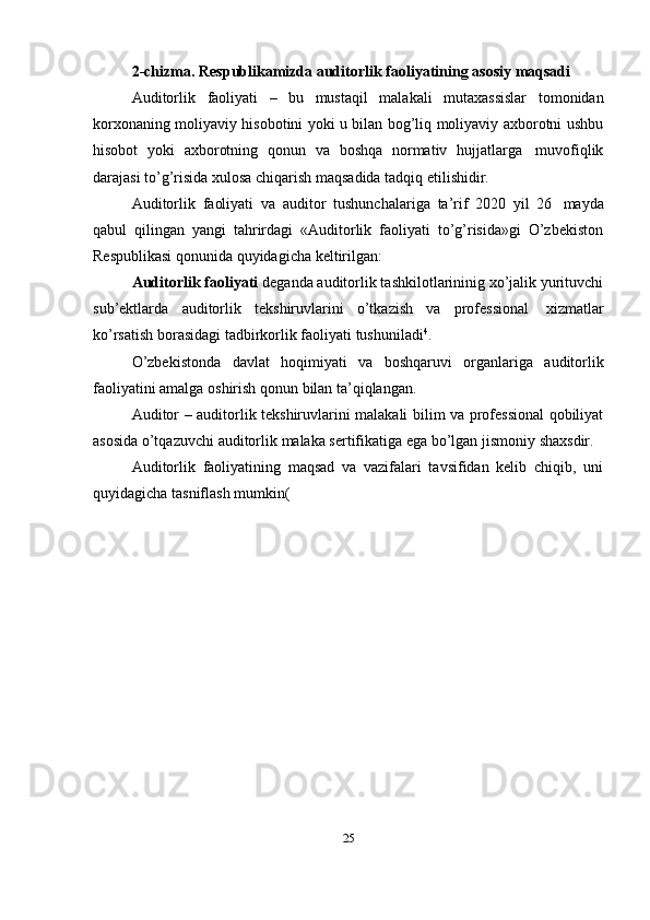 2-chizma.   Respublikamizda   auditorlik   faoliyatining   asosiy   maqsadi
Auditorlik   faoliyati   –   bu   mustaqil   malakali   mutaxassislar   tomonidan
korxonaning moliyaviy hisobotini yoki u bilan bog’liq moliyaviy axborotni ushbu
hisobot   yoki   axborotning   qonun   va   boshqa   normativ   hujjatlarga   muvofiqlik
darajasi   to’g’risida   xulosa   chiqarish maqsadida   tadqiq etilishidir.
Auditorlik   faoliyati   va   auditor   tushunchalariga   ta’rif   2020   yil   26   mayda
qabul   qilingan   yangi   tahrirdagi   «Auditorlik   faoliyati   to’g’risida»gi   O’zbekiston
Respublikasi   qonunida quyidagicha   keltirilgan:
Auditorlik faoliyati  deganda auditorlik tashkilotlarininig xo’jalik yurituvchi
sub’ektlarda   auditorlik   tekshiruvlarini   o’tkazish   va   professional   xizmatlar
ko’rsatish borasidagi tadbirkorlik   faoliyati   tushuniladi 4
.
O’zbekistonda   davlat   hoqimiyati   va   boshqaruvi   organlariga   auditorlik
faoliyatini   amalga   oshirish   qonun   bilan ta’qiqlangan.
Auditor – auditorlik tekshiruvlarini malakali bilim va professional qobiliyat
asosida   o’tqazuvchi   auditorlik   malaka   sertifikatiga   ega   bo’lgan   jismoniy   shaxsdir.
Auditorlik   faoliyatining   maqsad   va   vazifalari   tavsifidan   kelib   chiqib,   uni
quyidagicha   tasniflash   mumkin(
25