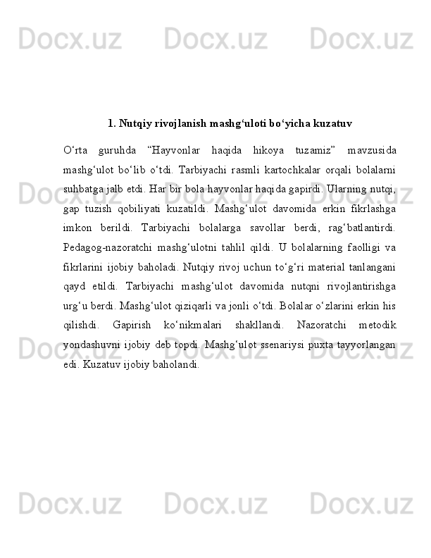 1. Nutqiy rivojlanish mashg‘uloti bo‘yicha kuzatuv
O‘rta   guruhda   “Hayvonlar   haqida   hikoya   tuzamiz”   mavzusida
mashg‘ulot   bo‘lib   o‘tdi.   Tarbiyachi   rasmli   kartochkalar   orqali   bolalarni
suhbatga jalb etdi. Har bir bola hayvonlar haqida gapirdi. Ularning nutqi,
gap   tuzish   qobiliyati   kuzatildi.   Mashg‘ulot   davomida   erkin   fikrlashga
imkon   berildi.   Tarbiyachi   bolalarga   savollar   berdi,   rag‘batlantirdi.
Pedagog-nazoratchi   mashg‘ulotni   tahlil   qildi.   U   bolalarning   faolligi   va
fikrlarini   ijobiy   baholadi.   Nutqiy   rivoj   uchun   to‘g‘ri   material   tanlangani
qayd   etildi.   Tarbiyachi   mashg‘ulot   davomida   nutqni   rivojlantirishga
urg‘u berdi. Mashg‘ulot qiziqarli va jonli o‘tdi. Bolalar o‘zlarini erkin his
qilishdi.   Gapirish   ko‘nikmalari   shakllandi.   Nazoratchi   metodik
yondashuvni ijobiy  deb topdi. Mashg‘ulot ssenariysi  puxta tayyorlangan
edi. Kuzatuv ijobiy baholandi. 