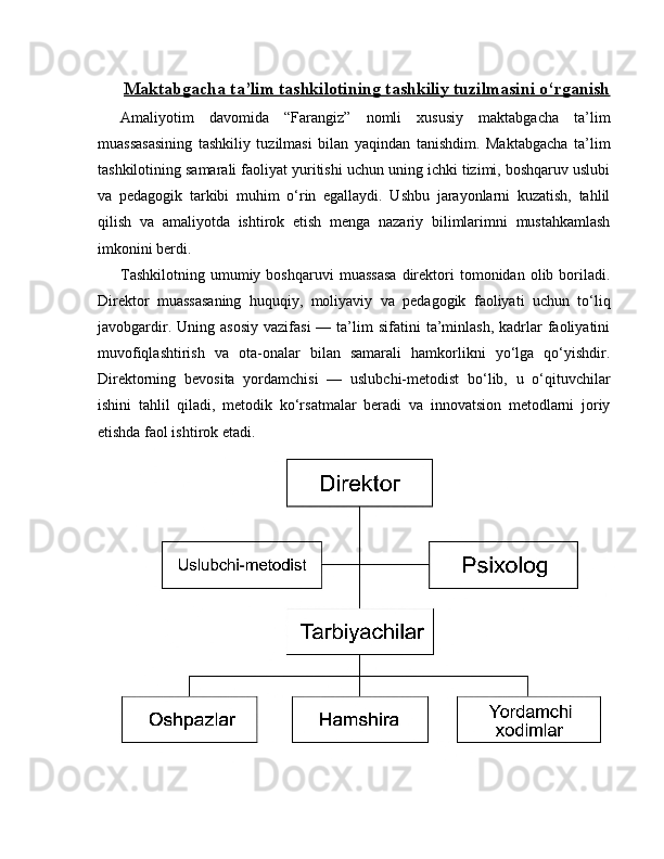 Maktabgacha ta’lim tashkilotining tashkiliy tuzilmasini o‘rganish
Amaliyotim   davomida   “Farangiz”   nomli   xususiy   maktabgacha   ta’lim
muassasasining   tashkiliy   tuzilmasi   bilan   yaqindan   tanishdim.   Maktabgacha   ta’lim
tashkilotining samarali faoliyat yuritishi uchun uning ichki tizimi, boshqaruv uslubi
va   pedagogik   tarkibi   muhim   o‘rin   egallaydi.   Ushbu   jarayonlarni   kuzatish,   tahlil
qilish   va   amaliyotda   ishtirok   etish   menga   nazariy   bilimlarimni   mustahkamlash
imkonini berdi.
Tashkilotning   umumiy  boshqaruvi   muassasa   direktori   tomonidan  olib   boriladi.
Direktor   muassasaning   huquqiy,   moliyaviy   va   pedagogik   faoliyati   uchun   to‘liq
javobgardir.  Uning  asosiy  vazifasi   —  ta’lim  sifatini   ta’minlash,  kadrlar  faoliyatini
muvofiqlashtirish   va   ota-onalar   bilan   samarali   hamkorlikni   yo‘lga   qo‘yishdir.
Direktorning   bevosita   yordamchisi   —   uslubchi-metodist   bo‘lib,   u   o‘qituvchilar
ishini   tahlil   qiladi,   metodik   ko‘rsatmalar   beradi   va   innovatsion   metodlarni   joriy
etishda faol ishtirok etadi. 