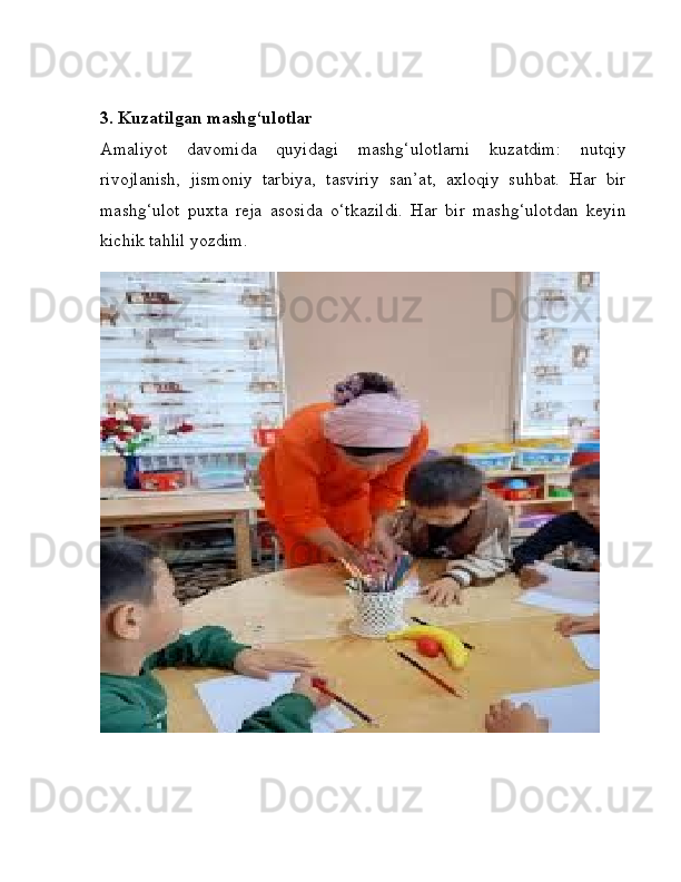 3. Kuzatilgan mashg‘ulotlar
Amaliyot   davomida   quyidagi   mashg‘ulotlarni   kuzatdim:   nutqiy
rivojlanish,   jismoniy   tarbiya,   tasviriy   san’at,   axloqiy   suhbat.   Har   bir
mashg‘ulot   puxta   reja   asosida   o‘tkazildi.   Har   bir   mashg‘ulotdan   keyin
kichik tahlil yozdim. 
