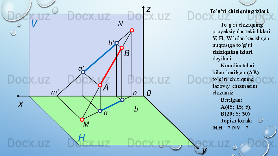 To’g’ri   chiziqning   izlari.
 
To’g’ri   chiziqning  
proyeksiyalar tekisliklari  
V, H,   W  bilan   kesishgan  
nuqtasiga  to’g’ri  
chiziqning   izlari  
deyiladi.
Koordinatalari  
bilan   berilgan   (AB)  
to’g’ri   chiziqning  
fazoviy   chizmasini  
chizamiz.
Berilgan:  
A(45;   15;   5),
B(20;   5;   30)
Topish   kerak:  
MH   -   ?   NV   -   ?  n  B
 
0 
x V  
A 
H  
ya’
M   z
b  
a   b’ N    
m’  
