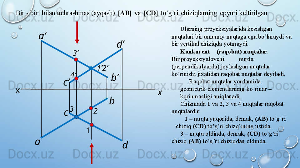 Bir   -   biri   bilan   uchrashmas   (ayqash)   [AB]   va   [CD]   to’g’ri   chiziqlarning   epyuri   keltirilgan
Ularning   proyeksiyalarida   kesishgan  
nuqtalari   bir   umumiy   nuqtaga   ega   bo’lmaydi   va  
bir   vertikal   chiziqda   yotmaydi.
Konkurent (raqobat)   nuqtalar.
Bir   proyeksiyalovchi nurda
(perpendikulyarda)   joylashgan   nuqtalar  
ko’rinishi   jixatidan   raqobat   nuqtalar   deyiladi.
Raqobat   nuqtalar yordamida  
geometrik   elementlarning   ko’rinar   –  
kqrinmasligi   aniqlanadi.
C h izmada   1   va   2, 3   va   4   nuqtalar   raqobat  
nuqtalardir.
1   –   nuqta   yuqorida,   demak,   (AB)   to’g’ri  
chiziq   (CD)   to’g’ri   chizq’ining   ustida.
3   – nuqta   oldinda,   demak,   (CD)   to’g’ri  
chiziq   (AB)   to’g’ri   chiziqdan   oldinda.b’ 
b 
a  с  c‘ 
d d’ 
x x  a‘ 
1 ’ 2 ’
3
1 23’
4’  