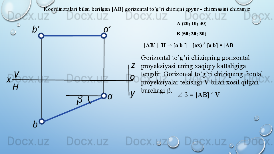 Koordinatalari   bilan   berilgan   [AB]   gorizontal   to’g’ri   chiziqni   epyur   -   chizmasini   chizamiz  
[ AB]   ||   H   Þ   [a ¢ b ¢ ]   ||   [ox)  Ù   [a   b]   =   |AB|
Gorizontal to’g’ri chiziqning gorizontal 
proyeksiyasi uning xaqiqiy kattaligiga 
tengdir.   Gorizontal   to’g’ri   chiziqning   frontal  
proyeksiyalar   tekisligi   V   bilan   xosil   qilgan 
burchagi   b .
Ð   b   =   [AB]   ^
 VA   (20;   10;   30)
B   (50;   30;   30)
H
y z
oV
x a’
ab’
b(	??????  