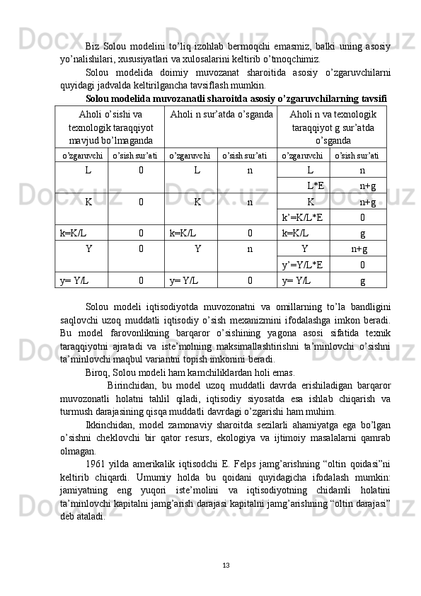 Biz   Solou   modelini   to’liq   izohlab   bermoqchi   emasmiz,   balki   uning   asosiy
yo’nalishilari, xususiyatlari va xulosalarini keltirib o’tmoqchimiz. 
Solou   modelida   doimiy   muvozanat   sharoitida   asosiy   o’zgaruvchilarni
quyidagi jadvalda keltirilgancha tavsiflash mumkin. 
Solou modelida muvozanatli sharoitda asosiy o’zgaruvchilarning tavsifi 
Aholi o’sishi va
texnologik taraqqiyot
mavjud bo’lmaganda Aholi n sur’atda o’sganda Aholi n va texnologik
taraqqiyot g sur’atda
o’sganda
o’zg a ruvchi o’sish   sur’ati o’zgaruvchi  o’sish sur’ati  o’zgaruvchi  o’sish sur’ati 
L  0  L  n  L  n 
L*E  n+g 
K  0  K  n  K  n+g 
k’=K/L*E  0 
k=K/L  0  k=K/L  0  k=K/L  g 
Y  0  Y  n  Y n+g
y’=Y/L*E  0 
y= Y/L  0  y= Y/L  0  y= Y/L  g 
Solou   modeli   iqtisodiyotda   muvozonatni   va   omillarning   to’la   bandligini
saqlovchi   uzoq   muddatli   iqtisodiy   o’sish   mexanizmini   ifodalashga   imkon   beradi.
Bu   model   farovonlikning   barqaror   o’sishining   yagona   asosi   sifatida   texnik
taraqqiyotni   ajratadi   va   iste’molning   maksimallashtirishni   ta’minlovchi   o’sishni
ta’minlovchi maqbul variantni topish imkonini beradi. 
Biroq, Solou modeli ham kamchiliklardan holi emas.
                    Birinchidan,   bu   model   uzoq   muddatli   davrda   erishiladigan   barqaror
muvozonatli   holatni   tahlil   qiladi,   iqtisodiy   siyosatda   esa   ishlab   chiqarish   va
turmush darajasining qisqa muddatli davrdagi o’zgarishi ham muhim. 
Ikkinchidan,   model   zamonaviy   sharoitda   sezilarli   ahamiyatga   ega   bo’lgan
o’sishni   cheklovchi   bir   qator   resurs,   ekologiya   va   ijtimoiy   masalalarni   qamrab
olmagan. 
1961   yilda   amerikalik   iqtisodchi   E.   Felps   jamg’arishning   “oltin   qoidasi”ni
keltirib   chiqardi.   Umumiy   holda   bu   qoidani   quyidagicha   ifodalash   mumkin:
jamiyatning   eng   yuqori   iste’molini   va   iqtisodiyotning   chidamli   holatini
ta’minlovchi kapitalni jamg’arish darajasi kapitalni jamg’arishning “oltin darajasi”
deb ataladi. 
13 