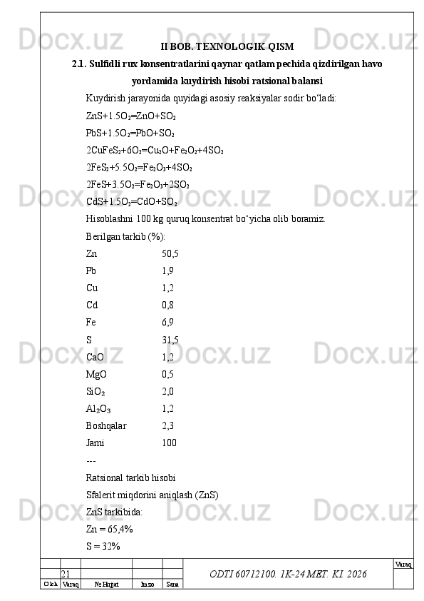 O’ lch
Va raq №  Hujjat Imzo Sana Va raq
ODTI 60712100. 1K-24 МЕТ.  KI . 2026II BOB. TEXNOLOGIK QISM
2.1. Sulfidli rux konsentratlarini qaynar qatlam pechida qizdirilgan havo
yordamida kuydirish hisobi ratsional balansi
Kuydirish jarayonida quyidagi asosiy reaksiyalar sodir bo‘ladi:
ZnS+1.5O
2 =ZnO+SO
2
PbS+1.5O
2 =PbO+SO
2
2CuFeS
2 +6O
2 =Cu
2 O+Fe
2 O
2 +4SO
2
2FeS
2 +5.5O
2 =Fe
2 O
3 +4SO
2
2FeS+3.5O
2 =Fe
2 O
3 +2SO
2
CdS+1.5O
2 =CdO+SO
2
Hisoblashni 100 kg quruq konsentrat bo‘yicha olib boramiz.
Berilgan tarkib (%):
Zn  50,5
Pb  1,9
Cu  1,2
Cd  0,8
Fe  6,9
S  31,5
CaO  1,2
MgO  0,5
SiO  ₂ 2,0
Al O  
₂ ₃ 1,2
Boshqalar  2,3
Jami  100
---
Ratsional tarkib hisobi
Sfalerit miqdorini aniqlash (ZnS)
ZnS tarkibida:
Zn = 65,4%
S = 32%
21 