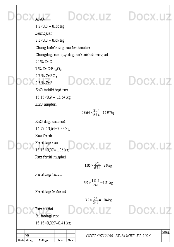O’ lch
Va raq №  Hujjat Imzo Sana Va raq
ODTI 60712100. 1K-24 МЕТ.  KI . 2026Al O :₂ ₃
1,2×0,3 = 0,36 kg
Boshqalar:
2,3×0,3 = 0,69 kg
Chang tarkibidagi rux birikmalari
Changdagi rux quyidagi ko‘rinishda mavjud:
90 % ZnO
7 % ZnO·Fe O	
₂ ₃
2,7 % ZnSO
₄
0,3 % ZnS
ZnO tarkibidagi rux
15,15×0,9 = 13,64 kg
ZnO miqdori:
13.64 × 81.4
65.4 = 16.97 kg
ZnO dagi kislorod:
16,97-13,64=3,33 kg
Rux ferriti
Ferritdagi rux:
15,15×0,07=1,06 kg
Rux ferriti miqdori:
1.06 × 241
65.4 = 3.9 kg
Ferritdagi temir:
3.9 × 111.6
241 = 1.81 kg
Ferritdagi kislorod:
3.9 × 64
241 = 1.04 kg
Rux sulfati
Sulfatdagi rux:
15,15×0,027=0,41 kg
29 