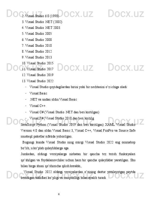  2. Visual Studio 6.0 (1998)
 3. Visual Studio .NET (2002)
 4. Visual Studio .NET 2003
 5. Visual Studio 2005 
 6. Visual Studio 2008 
 7. Visual Studio 2010 
 8. Visual Studio 2012 
 9. Visual Studio 2013 
 10. Visual Studio 2015
 11. Visual Studio 2017
 12. Visual Studio 2019
 13. Visual Studio 2022
- Visual Studio quyidagilardan birini yoki bir nechtasini o‘z ichiga oladi:
- Visual Basic 
- .NET va undan oldin Visual Basic
- Visual C++     
- Visual C# (Visual Studio .NET dan beri kiritilgan)
- Visual F# (Visual Studio 2010 dan beri kiritilg
JavaScript   Python   (Visual   Studio   2019   dan   beri   kiritilgan)   XAML   Visual   Studio
Version 4.0 dan oldin Visual Basic 3, Visual C++, Visual FoxPro va Source Safe
mustaqil paketlar sifatida yuborilgan .
  Bugungi   kunda   Visual   Studio   ning   oxirgi   Visual   Studio   2022   eng   ommabop
bo‘lib, u ko‘plab qulayliklarga ega.
Jumladan,   oldingi   versiyalarga   nisbatan   bir   qancha   tez   terish   funksiyalari
qo‘shilgan   va  foydalanuvchilar   uchun  ham   bir  qancha   qulayliklar  yaratilgan.  Shu
bilan birga shuni qo‘shimcha qilish kerakki, 
    Visual   Studio   2022   oldingi   versiyalardan   o‘zining   dastur   yozilayotgan   paytda
beradigan takliflari ko‘pligi va muqobilligi bilan ajralib turadi.
                                                              8 
