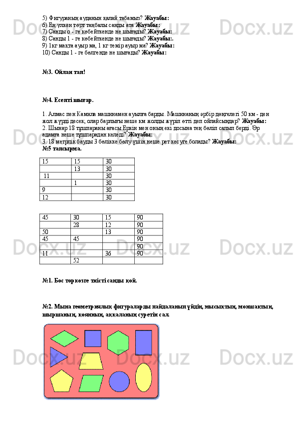 5) Фигураның ауданын қалай табамыз?  Жауабы: 
6) Ең үлкен төрт таңбалы санды ата  Жауабы:  
7) Санды о - ге көбейткенде не шығады?  Жауабы: 
8) Санды 1 - ге көбейткенде не шығады?  Жауабы:.
9) 1кг мақта ауыр ма, 1 кг темір ауыр ма?  Жауабы: 
10) Санды 1 - ге бөлгенде не шығады?  Жауабы: 
№3. Ойлан тап!
№4. Есепті шығар.
1. Алмас пен Камила машинамен ауылға барды. Машинаның әрбір дөңгелегі 50 км - ден 
жол жүрді десек, олар барлығы неше км жолды жүріп өтті деп ойлайсыңдар?  Жауабы: 
2. Шынар 18 тұшпараны ағасы Еркін мен оның екі досына тең бөліп салып берді. Әр 
адамға неше тұшпарадан келеді?  Жауабы: 
3. 18 метрлік бауды 3 бөлікке бөлу үшін неше рет кесуге болады?  Жауабы:
№5 тапсырма.
15 15 30
13 30
 11 30
1 30
9 30
12 30
45 30 15 90
28 12 90
50 13 90
45 45 90
90
11 36 90
52
№1. Бос торкөзге тиісті санды қой.
№2. Мына геометриялық фигураларды пайдаланып үйдің, мысықтың, моншақтың, 
шыршаның, қоянның, аққаланың суретін сал. 
