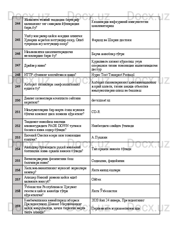 244 Жамиятга ғоявий таҳдидни бартараф 
қилишнинг энг самарали йўлларидан 
бири,бу?  Кишиларда мафкуравий иммунитетни 
шакллантириш 
245 Ушбу мисралар қайси асардан олинган: 
Ҳунарни асрабон нетгумдир охир, Олиб 
тупроққа-му кетгумдир охир?  Фарҳод ва Ширин достони 
246 Маънавиятни шакллантирадиган 
мезонлардан бири бу?  Барча жавоблар тўғри 
247
Драйвер нима?  Қурилмага хизмат кўрсатиш учун 
операцион тизим томонидан ишлатиладиган
дастур 
248
HTTP сўзининг кенгайтмаси нима?  Hyper Text Transport Protocol 
249 Ахборот тизимлари хавфсизлигининг 
аудити бу?  Ахборот тизимларининг ҳимояланишининг 
жорий ҳолати, тизим ҳақида объектив 
маълумотларни олиш ва баҳолаш 
250 Давлат хизматлари агентлиги сайтини 
киритинг?  davxizmat.uz 
251 Маълумотларни бир марта ёзиш мумкин 
бўлган компакт диск номини кўрсатинг?  CD-R 
252 Тақдимот намойиш вақтида 
клавиатурадаги PAGE DOWN тугмаси 
босилса нима содир бўлади?  Навбатдаги слайдга ўтилади 
253 Евгений Онегин асари ким томонидан 
ёзилган?  А.Пушкин 
254 Авлодлар ўртасидаги руҳий маънавий 
боғлиқлик нима орқали намоён бўлади?  Тил орқали намоён бўлади 
255 Ватанпарварлик фазилатини бош 
белгилари нима?  Содиқлик, фидойилик 
256 Халқ маънавиятининг муносиб ворислари 
кимлар?  Янги авлод ёшлари 
257 Алишер Навоий романи қайси адиб 
қаламига мансуб?  Ойбек 
258 Ўзбекистон Республикаси Ҳукумат 
газетаси қайси жавобда тўғри 
кўрсатилган?  Янги Ўзбекистон 
259 Камбағалликни камайтириш ибораси 
Президентимиз Шавкат Мирзиёевнинг 
қайси маърузасида, қачон биринчи марта 
тилга олинди?  2020 йил 24 январь, Президентнинг 
Парламентга мурожаатномасида  