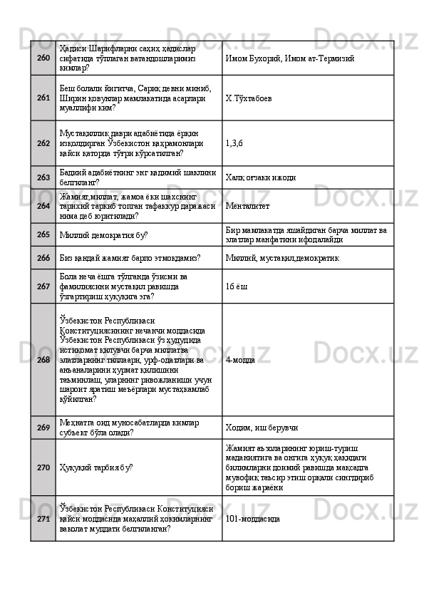 260 Ҳадиси Шарифларни саҳиҳ ҳадислар 
сифатида тўплаган ватандошларимиз 
кимлар?  Имом Бухорий, Имом ат-Термизий 
261 Беш болали йигитча, Сариқ девни миниб, 
Ширин қовунлар мамлакатида асарлари 
муаллифи ким?  Х.Тўхтабоев 
262 Мустақиллик даври адабиётида ёрқин 
изқолдирган Ўзбекистон қаҳрамонлари 
қайси қаторда тўғри кўрсатилган?  1,3,6 
263 Бадиий адабиётнинг энг қадимий шаклини
белгиланг?  Халқ оғзаки ижоди 
264 Жамият,миллат, жамоа ёки шахснинг 
тарихий таркиб топган тафаккур даражаси 
нима деб юритилади?  Менталитет 
265
Миллий демократия бу?  Бир мамлакатда яшайдиган барча миллат ва 
элатлар манфатини ифодалайди 
266
Биз қандай жамият барпо этмоқдамиз?  Миллий, мустақил,демократик 
267 Бола неча ёшга тўлганда ўзисми ва 
фамилиясини мустақил равишда 
ўзгартириш ҳуқуқига эга?  16 ёш 
268 Ўзбекистон Республикаси 
Конституциясининг нечанчи моддасида 
Ўзбекистон Республикаси ўз ҳудудида 
истиқомат қилувчи барча миллатва 
элатларнинг тиллаари, урф-одатлари ва 
анъаналарини ҳурмат қилишини 
таъминлаш, уларнинг ривожланиши учун 
шароит яратиш меъёрлари мустаҳкамлаб 
қўйилган?  4-модда 
269 Меҳнатга оид муносабатларда кимлар 
субъект бўла олади?  Ходим, иш берувчи 
270
Ҳуқуқий тарбия бу?  Жамият аъзоларининг юриш-туриш 
маданиятига ва онгига ҳуқуқ ҳақидаги 
билимларни доимий равишда мақсадга 
мувофиқ таъсир этиш орқали сингдириб 
бориш жараёни 
271 Ўзбекистон Республикаси Конституцияси 
қайси моддасида маҳаллий ҳокимларнинг 
ваколат муддати белгиланган?  101-моддасида