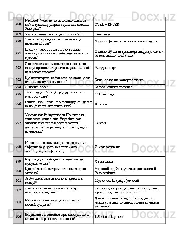 288 Microsoft Word да матн билан ишлашда 
қайси тугмалар разрыв страницы амалини 
бажаради?  CTRL + ENTER 
289
Ўзаро келишув асосидаги битим- бу?  Консенсус 
290 Сиёсат ва аҳлоқнинг асосий мақсади 
нимадан иборат?  Умумий фаровонлик ва ижтимоий адолат 
291 Шахсий транспортга бўлган эҳтиёж 
жамиятда ниманинг оқибатида пасайиши 
мумкин?  Оммави йўловчи транспорт инфратузилмаси
ривожланиши оқибатида 
292 Давлат бюджети маблағлари ҳисобидан 
махсус арзонлаштирилган нархлар қандай 
ном билан аталади?  Улгуржи нарх 
293 Қуйидагилардан қайси бири корхона учун 
ички харажат ҳисобланади?  Бино иншоотлар амортизацияси 
294
Депозит нима?  Банкка қўйилган маблағ 
295 Жалолиддин Мангуберди драмасининг 
муаллифи ким?  М.Шайхзода 
296 Билим   куч,   куч   эса-билимдадир   деган
машҳур ибора муаллифи ким?  Ф.Бекон 
297 Ўзбекистон Республикаси Президенти 
ташаббуси билан янги ўқув йилидан 
умумий ўрта таълим муассасалари 
дастурларига киритиладиган фан қандай 
номланади?  Тарбия 
298 Инсоннинг интеллекти, соғлиғи,билими, 
сифатли ва унумли меҳнати ҳамда 
унингтурмуш сифати - бу  Инсон капитали 
299 Европада дастлаб цивилизация қаерда 
вужудга келган?  Ферансияда 
300 Қандай диний экстремистик оқимларни 
биласиз?  Акромийлар, Хизбут таҳрир алисломий, 
Ваҳҳобийлик 
301 Зарбулмасал асари кимнинг қаламига 
мансуб?  Мухаммад Шариф Гулханий 
302 Давлатнинг келиб чиқишига доир 
назарияни аниқланг?  Теологик, патриарҳал, шартнома, зўрлик, 
ирригация, синфий назария 
303 Маҳаллийчилик ва уруғ-аймоғчилик 
қандай тушунча?  Давлат тузилмаларида тор гуруҳчилик 
манфаатларини биринчи ўринга қўядиган 
уюшмалар 
304 Бағрикенглик тамойиллари декларацияси 
қачон ва қаерда қабул қилинган?  1995 йил Парижда