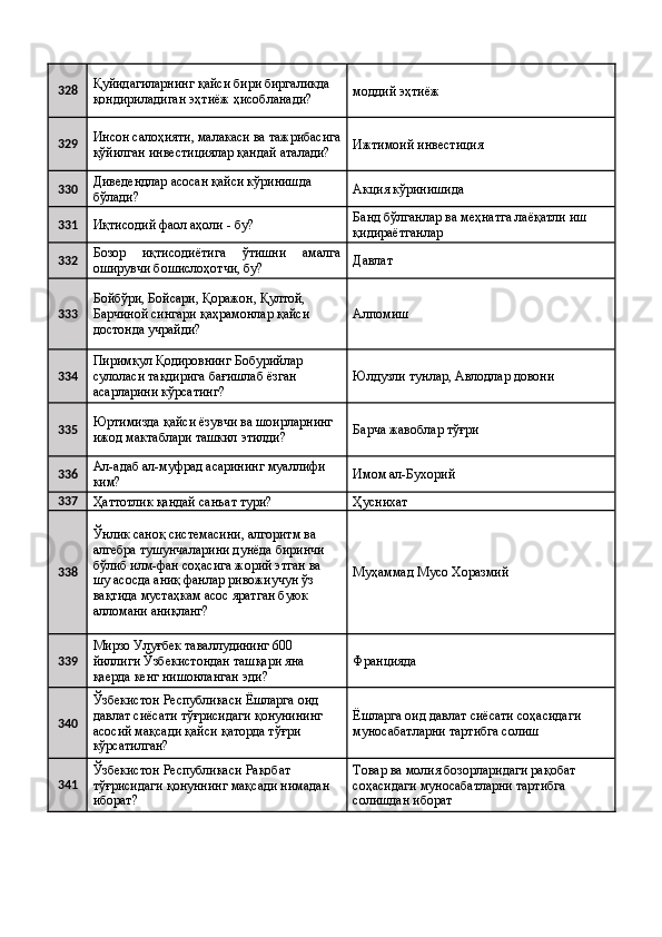 328 Қуйидагиларнинг қайси бири биргаликда 
қондириладиган эҳтиёж ҳисобланади?  моддий эҳтиёж 
329 Инсон салоҳияти, малакаси ва тажрибасига
қўйилган инвестициялар қандай аталади?  Ижтимоий инвестиция 
330 Диведендлар асосан қайси кўринишда 
бўлади?  Акция кўринишида 
331
Иқтисодий фаол аҳоли - бу?  Банд бўлганлар ва меҳнатга лаёқатли иш 
қидираётганлар 
332 Бозор   иқтисодиётига   ўтишни   амалга
оширувчи бошислоҳотчи, бу?  Давлат 
333 Бойбўри, Бойсари, Қоражон, Қултой, 
Барчиной сингари қаҳрамонлар қайси 
достонда учрайди?  Алпомиш 
334 Пиримқул Қодировнинг Бобурийлар 
сулоласи тақдирига бағишлаб ёзган 
асарларини кўрсатинг?  Юлдузли тунлар, Авлодлар довони 
335 Юртимизда қайси ёзувчи ва шоирларнинг 
ижод мактаблари ташкил этилди?  Барча жавоблар тўғри 
336 Ал-адаб ал-муфрад асарининг муаллифи 
ким?  Имом ал-Бухорий 
337
Ҳаттотлик қандай санъат тури?  Ҳуснихат 
338 Ўнлик саноқ системасини, алгоритм ва 
алгебра тушунчаларини дунёда биринчи 
бўлиб илм-фан соҳасига жорий этган ва 
шу асосда аниқ фанлар ривожиучун ўз 
вақтида мустаҳкам асос яратган буюк 
алломани аниқланг?  Муҳаммад Мусо Хоразмий 
339 Мирзо Улуғбек таваллудининг 600 
йиллиги Ўзбекистондан ташқари яна 
қаерда кенг нишонланган эди?  Францияда 
340 Ўзбекистон Республикаси Ёшларга оид 
давлат сиёсати тўғрисидаги қонунининг 
асосий мақсади қайси қаторда тўғри 
кўрсатилган?  Ёшларга оид давлат сиёсати соҳасидаги 
муносабатларни тартибга солиш 
341 Ўзбекистон Республикаси Рақобат 
тўғрисидаги қонуннинг мақсади нимадан 
иборат?  Товар ва молия бозорларидаги рақобат 
соҳасидаги муносабатларни тартибга 
солишдан иборат