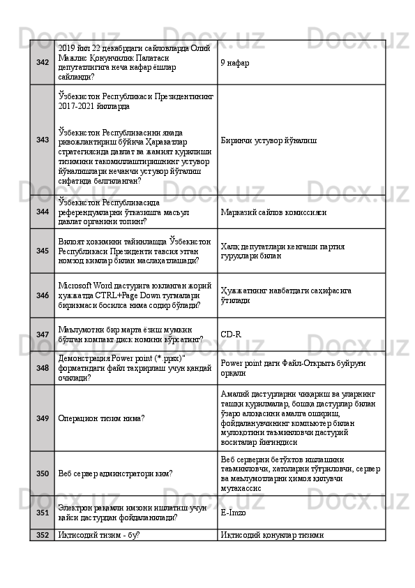 342 2019 йил 22 декабрдаги сайловларда Олий 
Мажлис Қонунчилик Палатаси 
депутатлигига неча нафар ёшлар 
сайланди?  9 нафар 
343 Ўзбекистон Республикаси Президентининг
2017-2021 йилларда 
Биринчи устувор йўналиш Ўзбекистон Республикасини янада 
ривожлантириш бўйича Ҳаракатлар 
стратегиясида давлат ва жамият қурилиши 
тизимини такомиллаштиришнинг устувор 
йўналишлари нечанчи устувор йўгалиш 
сифатида белгиланган? 
344 Ўзбекистон Республикасида 
референдумларни ўтказишга масъул 
давлат органини топинг?  Марказий сайлов комиссияси 
345 Вилоят ҳокимини тайинлашда Ўзбекистон 
Республикаси Президенти тавсия этган 
номзод кимлар билан маслаҳатлашади?  Халқ депутатлари кенгаши партия 
гуруҳлари билан 
346 Microsoft Word дастурига юкланган жорий 
ҳужжатда CTRL+Page Down тугмалари 
бирикмаси босилса нима содир бўлади?  Ҳужжатнинг навбатдаги саҳифасига 
ўтилади 
347 Маълумотни бир марта ёзиш мумкин 
бўлган компакт диск номини кўрсатинг?  CD-R 
348 Демонстрация Power point (*.ppsx)" 
форматидаги файл таҳрирлаш учун қандай
очилади?  Power point даги Файл-Открыть буйруғи 
орқали 
349
Операцион тизим нима?  Амалий дастурларни чиқариш ва уларнинг 
ташқи қурилмалар, бошқа дастурлар билан 
ўзаро алоқасини амалга ошириш, 
фойдаланувчининг компьютер билан 
мулоқотини таъминловчи дастурий 
воситалар йиғиндиси 
350
Веб сервер админстратори ким?  Веб серверни бетўхтов ишлашини 
таъминловчи, хатоларни тўғриловчи, сервер
ва маълумотларни ҳимоя қилувчи 
мутахассис 
351 Электрон рақамли имзони ишлатиш учун 
қайси дастурдан фойдаланилади?  E-Imzo 
352
Иқтисодий тизим - бу?  Иқтисодий қонунлар тизими
