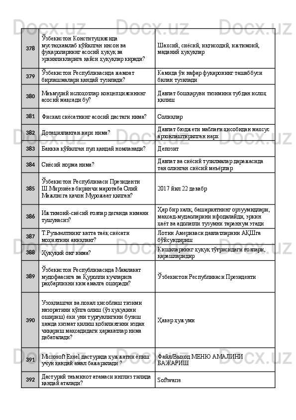 378 Ўзбекистон Конституциясида 
мустаҳкамлаб қўйилган инсон ва 
фуқароларнинг асосий ҳуқуқ ва 
эркинликларига қайси ҳуқуқлар киради?  Шахсий, сиёсий, иқтисодий, ижтимоий, 
маданий ҳуқуқлар 
379 Ўзбекистон Республикасида жамоат 
бирлашмалари қандай тузилади?  Камида ўн нафар фуқаронинг ташаббуси 
билан тузилади 
380 Маъмурий ислоҳотлар концепциясининг 
асосий мақсади бу?  Давлат бошқаруви тизимини тубдан ислоҳ 
қилиш 
381
Фискал сиёсатнинг асосий дастаги нима?  Солиқлар 
382
Дотацияланган нарх нима?  Давлат бюджети маблағи ҳисобидан махсус 
арзонлаштирилган нарх 
383
Банкка қўйилган пул қандай номланади?  Депозит 
384
Сиёсий норма нима?  Давлат ва сиёсий тузилмалар даражасида 
тан олинган сиёсий меъёрлар 
385 Ўзбекистон Республикаси Президенти 
Ш.Мирзиёев биринчи маротаба Олий 
Мажлисга қачон Мурожаат қилган?  2017 йил 22 декабр 
386 Ижтимоий-сиёсий ғоялар деганда нимани 
тушунасиз?  Ҳар бир халқ, башариятнинг орзуумидлари, 
мақсад-мудаоларини ифодалайди, эркин 
ҳаёт ва адолатли тузумни тараннум этади 
387 Т.Рузьвелтнинг катта таёқ сиёсати 
моҳиятини аниқланг?  Лотин Америкаси давлатларини АҚШга 
бўйсундириш 
388
Ҳуқуқий онг нима?  Кишиларнинг ҳуқуқ тўғрисидаги ғоялари, 
қарашларидир 
389 Ўзбекистон Республикасида Мамлакат 
мудофаасига ва Қуролли кучларига 
раҳбарликни ким амалга оширади?  Ўзбекистон Республикаси Президенти 
390 Узоқлашган ва локал ҳисоблаш тизими 
назоратини қўлга олиш (ўз ҳуқуқини 
ошириш) ёки уни турғунлигини бузиш 
ҳамда хизмат қилиш қобилиятини издан 
чиқариш мақсадидаги ҳаракатлар нима 
дебаталади?  Ҳакер ҳужуми 
391 Microsoft Exsel дастурида ҳужжатни ёпиш 
учун қандай амал бажарилади.?  Файл/Выход МЕНЮ АМАЛИНИ 
БАЖАРИШ 
392 Дастурий таъминот атамаси инглиз тилида
қандай аталади?  Softwarre