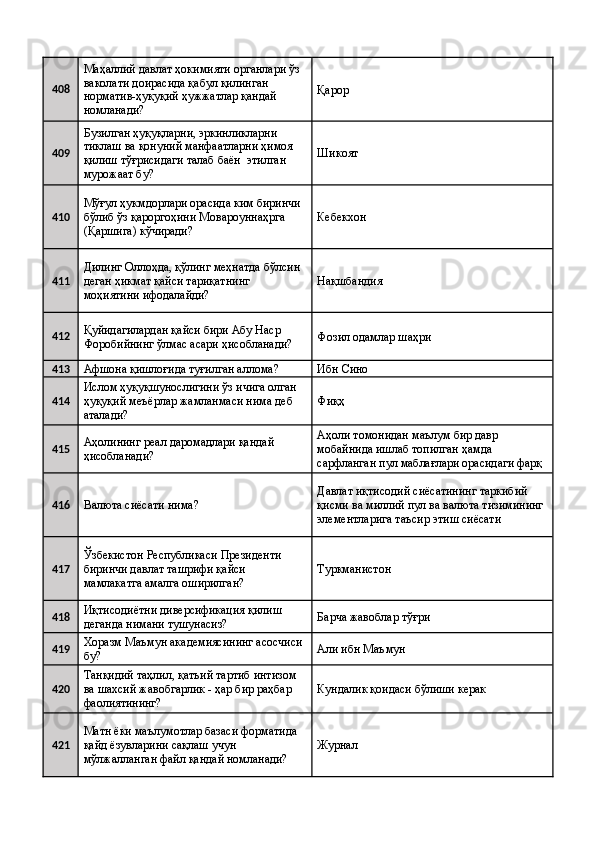 408 Маҳаллий давлат ҳокимияти органлари ўз 
ваколати доирасида қабул қилинган 
норматив-ҳуқуқий ҳужжатлар қандай 
номланади?  Қарор 
409 Бузилган ҳуқуқларни, эркинликларни 
тиклаш ва қонуний манфаатларни ҳимоя 
қилиш тўғрисидаги талаб баён  этилган 
мурожаат бу?  Шикоят 
410 Мўғул ҳукмдорлари орасида ким биринчи 
бўлиб ўз қароргоҳини Мовароуннаҳрга 
(Қаршига) кўчиради?  Кебекхон 
411 Дилинг Оллоҳда, қўлинг меҳнатда бўлсин 
деган ҳикмат қайси тариқатнинг 
моҳиятини ифодалайди?  Нақшбандия 
412 Қуйидагилардан қайси бири Абу Наср 
Форобийнинг ўлмас асари ҳисобланади?  Фозил одамлар шаҳри 
413
Афшона қишлоғида туғилган аллома?  Ибн Сино 
414 Ислом ҳуқуқшунослигини ўз ичига олган 
ҳуқуқий меъёрлар жамланмаси нима деб 
аталади?  Фиқҳ 
415 Аҳолининг реал даромадлари қандай 
ҳисобланади?  Аҳоли томонидан маълум бир давр 
мобайнида ишлаб топилган ҳамда 
сарфланган пул маблағлари орасидаги фарқ 
416
Валюта сиёсати нима?  Давлат иқтисодий сиёсатининг таркибий 
қисми ва миллий пул ва валюта тизимининг 
элементларига таъсир этиш сиёсати 
417 Ўзбекистон Республикаси Президенти 
биринчи давлат ташрифи қайси 
мамлакатга амалга оширилган?  Туркманистон 
418 Иқтисодиётни диверсификация қилиш 
деганда нимани тушунасиз?  Барча жавоблар тўғри 
419 Хоразм Маъмун академиясининг асосчиси 
бу?  Али ибн Маъмун 
420 Танқидий таҳлил, қатъий тартиб интизом 
ва шахсий жавобгарлик - ҳар бир раҳбар 
фаолиятининг?  Кундалик қоидаси бўлиши керак 
421 Матн ёки маълумотлар базаси форматида 
қайд ёзувларини сақлаш учун 
мўлжалланган файл қандай номланади?  Журнал  