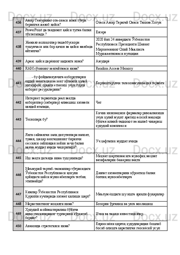 436 Амир Темурнинг ота-онаси исми тўғри 
берилган жавоб қайси?  Отаси Амир Тарагай Онаси Такина Хотун 
437 PowerPoint да такдимот қайси тугма билан 
тўхтатилади.?   Escape 
438 Жамият-ислоҳотлар ташаббускори 
тушунчаси илк бор қачон ва қайси манбада
айтилган?  2020 йил 24 январдаги Ўзбекистон 
Республикаси Президенти Шавкат 
Мирзиёевнинг Олий Мажлисга 
Мурожаатномаси нутқидан 
439
Аракс қайси дарёнинг қадимги номи?  Амударё 
440
RAM сўзининг кенгайтмаси нима?  Random Access Memory 
441 ….. - бу фойдаланувчига ахборотларни 
оддий навигация ва кенг кўламли қулай 
интерфейс орқали етказиш учун турли 
ахборот ресурсларини?  Бирлаштирувчи телекоммуникация тармоғи 
442 Интернет тармоғида реал вақтда 
ахборотлар (хабарлар) алмашиш хизмати 
қандай аталади,  Чат 
443
Технопарк бу?  Кичик инновацион фирмалар ривожланиши 
учун қулай муҳит яратиш асосий мақсади 
бўлган илмий-тадқиқот ва ишлаб чиқариш 
ҳудудий комплекси  
444 Янги сайланган халқ депутатлари вилоят, 
туман, шаҳар кенгашининг биринчи 
сессияси сайловдан кейин кечи билан 
қанча муддат ичида чақирилади?  Уч ҳафталик муддат ичида 
445
Иш вақти деганда нима тушунилади?  Меҳнат шартномасига мувофиқ меҳнат 
вазифаларни бажариш вақти 
446 Маъмурий тартиб-таомиллар тўғрисидаги 
Ўзбекистон Республикаси қонуни 
қуйидаги қайси муносабатларга татбиқ 
этилмайди?  Давлат хизматларини кўрсатиш билан 
боғлиқ муносабатларга 
447 Кимлар Ўзбекистон Республикаси 
Қуролли кучларида хизмат қилиши шарт?  Маълум ёшдаги шу ишга яроқли фуқаролар 
448
Маркетингнинг моҳияти нима?  Бозорни ўрганиш ва унга мослашиш 
449 Ҳудудий жойлаштирилиш бўйича 
инвестицияларнинг турларини кўрсатиб 
беринг?  Ички ва ташқи инвестициялар 
450
Анаконда стратегияси нима?  Евроосиёни қирғоқ ҳудудларидан бошлаб 
босиб олишга қаратилган геосиёсий усул