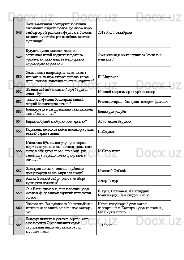 548 Халқ таълимини бошқариш тизимини 
такомиллаштириш бўйича қўшимча чора-
тадбирлар тўғрисидаги фармонга биноан, 
қачондан мактабларда васийлик кенгаши 
тугатилди?  2018 йил 1 октябрдан 
549 Бугунги кунда жамиятимизнинг 
соғломмаънавий муҳитини бузишга 
уринаётган маънавий ва мафкуравий 
ҳуружларни кўрсатинг?  Экстремизм,миссионерлик ва "оммавий 
маданият" 
550 Халқ давлат идораларига эмас, давлат 
идоралари халққа хизмат қилиши керак 
деган ғоя ким томонидан илгари сурилган? Ш.Мирзиёев 
551 Жамият ҳаётига маънавий куч берувчи 
омил - бу?  Миллий қадриятлар ва урф-одатлар 
552 Таълим сифатини бошқариш қандай 
даврий босқичларда кечади?  Режалаштириш, бажариш, назорат, фаолият 
553 Бошқарувда муваффақиятни таъминловчи 
асосий омил нима?  Бошқарув услуби 
554
Биринчи бўлиб глобусни ким яратган?  Абу Райҳон Беруний 
555 Қорақалпоғистонда қайси ижодкор номига
мактаб барпо этилди?  И.Юсупов 
556 Миллатни йўқ қилиш учун уни қириш 
шарт эмас,унинг маданиятини, санъатини ,
тилини йўқ қилсанг бас, тез орада ўзи 
таназзулга учрайди деган фикр кимга 
тегишли?  М.Скобелевга 
557 Электрон почта хизматини қуйидаги 
дастурлардан қайси бири бажаради?  Microsoft Outlook 
558 Аҳмад Яссавий қабри устига мақбара 
қурдирган ҳукмдор?  Амир Темур 
559 Она Ватан ҳимояси, юрт тинчлиги учун 
жонини фидо қилган тарихий шахсларни 
топинг?  Широқ, Спитамен, Жалолиддин 
Мангуберди, Нажмиддин Кубро 
560 Ўзбекистон Республикаси Конституйияси 
негизига асос қилиб олинган ҳужжатлар - 
бу?  Инсон ҳуқуқлари бутун жаҳон 
декларацияси, Ҳалқаро ҳуқуқ қоидалари, 
БМТ ҳужжатлари 
561 Демократиянинг мумтоз либерал шакли 
асоси бўлган Эркинликнинг буюк 
хартиясини инглизлар қачон қабул 
қилишган эди?  1215 йил