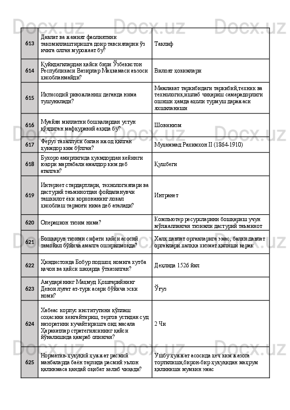 613 Давлат ва жамият фаолиятини 
такомиллаштиришга доир тавсияларни ўз 
ичига олган мурожаат бу?  Таклиф 
614 Қуйидагилардан қайси бири Ўзбекистон 
Республикаси Вазирлар Маҳкамаси аъзоси 
ҳисобланмайди?  Вилоят ҳокимлари 
615 Иқтисодий ривожланиш деганда нима 
тушунилади?  Мамлакат таркибидаги таркибий,техник ва 
технологик,ишлаб чиқариш самарадорлиги 
ошиши ҳамда аҳоли турмуш даражаси 
яхшиланиши  
616 Муайян миллатни бошқалардан устун 
қўядиган мафкуравий ақида бу?  Шовинизм 
617 Феруз тахаллуси билан ижод қилган 
ҳукмдор ким бўлган?  Муҳаммад Рахимхон II (1864-1910) 
618 Бухоро амирлигида ҳукмдордан кейинги 
юқори мартабали амалдор ким деб 
аталган?  Қушбеги 
619 Интернет стардартлари, технологиялари ва
дастурий таъминотдан фойдаланувчи 
ташкилот ёки корхонанинг локал 
ҳисоблаш тармоғи нима деб аталади?  Интранет 
620
Операцион тизим нима?  Компьютер ресурсларини бошқариш учун 
мўлжалланган тизимли дастурий таъминот 
621 Бошқарув тизими сифати қайси асосий 
тамойил бўйича амалга оширилмоқда?  Халқ давлат органларига эмас, балки давлат 
органлари халққа хизмат қилиши керак 
622 Ҳиндистонда Бобур подшоҳ номига хутба 
қачон ва қайси шаҳарда ўтказилган?  Деҳлида 1526 йил 
623 Амударёнинг Маҳмуд Қошғарийнинг 
Девон луғат ат-турк асари бўйича эски 
номи?  Ўғуз 
624 Хабеас корпус институтини қўллаш 
соҳасини кенгайтириш, тергов устидан суд
назоратини кучайтиришга оид масала 
Ҳаракатлар стратегиясининг қайси 
йўналишида қамраб олинган?  2 Чи 
625 Норматив-ҳуқуқий ҳужжат расмий 
манбаларда баён тарзида расмий эълон 
қилинмаса қандай оқибат келиб чиқади?  Ушбу ҳужжат асосида ҳеч ким жазога 
тортилиши,бирон-бир ҳуқуқидан маҳрум 
қилиниши мумкин эмас  