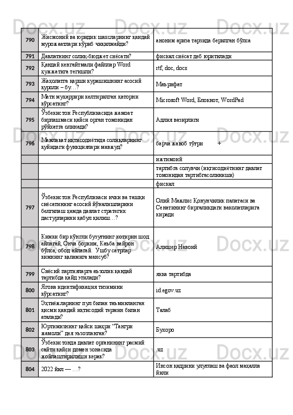 790 Жисмоний ва юридик шахсларнинг қандай
мурожаатлари кўриб чиқилмайди?  аноним ариза тарзида берилган бўлса 
791
Давлатнинг солиқ-бюджет сиёсати?  фискал сиёсат деб юритилади 
792 Қандай кенгайтмали файллар Word 
ҳужжатига тегишли?  rtf, doc, docx 
793 Жаҳолатга қарши курашишнинг асосий 
қуроли – бу…?  Маърифат 
794 Матн муҳаррири келтирилган қаторни 
кўрсатинг?  Microsoft Word, Блокнот, WordPad 
795 Ўзбекистон Республикасида жамоат 
бирлашмаси қайси орган томонидан 
рўйхатга олинади?  Адлия вазирлиги 
796 Мамлакат иқтисодиётида солиқларнинг 
қуйидаги функциялари мавжуд?  барча жавоб тўғри          + 
    ижтимоий 
    тартибга солувчи (иқтисодиётнинг давлат 
томонидан тартибгасолиниши) 
    фискал  
797 Ўзбекистон Республикаси ички ва ташқи 
сиёсатининг асосий йўналишларини 
белгилаш ҳамда давлат стратегик 
дастурларини қабул қилиш…?  Олий Мажлис Қонунчилик палатаси ва 
Сенатининг биргаликдаги ваколатларига 
киради 
798 Кимки бир кўнгли бузуғнинг хотирин шод 
айлагай, Онча борким, Каъба вайрон 
бўлса, обод айлагай.  Ушбу сатрлар 
кимнинг қаламига мансуб?  Алишер Навоий 
799 Сиёсий партияларга аъзолик қандай 
тартибда қайд этилади?  якка тартибда 
800 Ягона идентификация тизимини 
кўрсатинг?  id.egov.uz 
801 Эҳтиёжларнинг пул билан таъминланган 
қисми қандай иқтисодий термин билан 
аталади?  Талаб 
802 Юртимизнинг қайси шаҳри “Тангри 
жамоли” дея эъзозланган?  Бухоро 
803 Ўзбекистонда давлат органининг расмий 
сайти қайси домен зонасида 
жойлаштирилиши керак?  .uz 
804
2022 йил — …?  Инсон қадрини улуғлаш ва фаол маҳалла 
йили