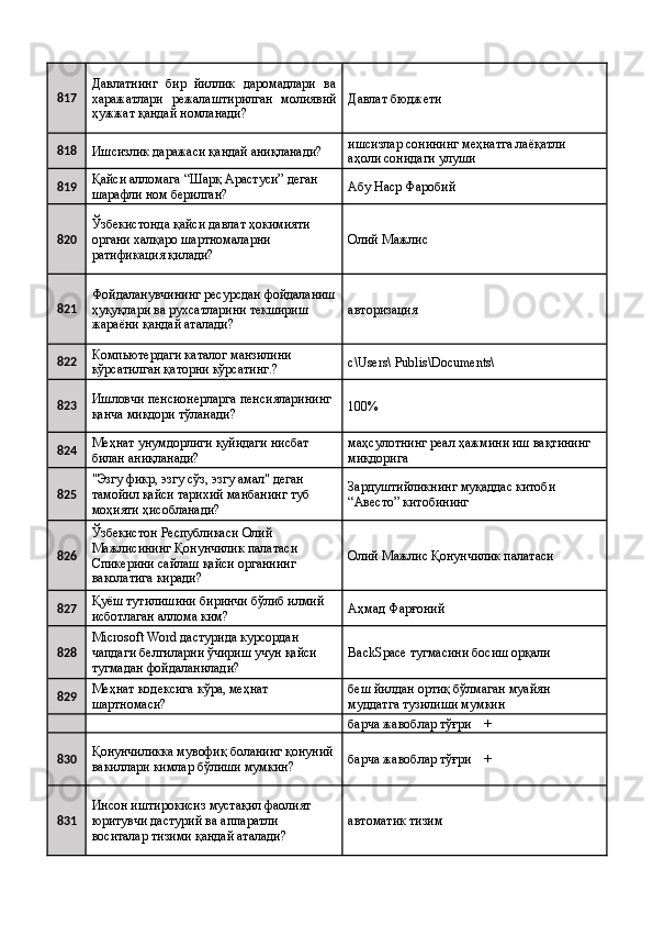 817 Давлатнинг   бир   йиллик   даромадлари   ва
харажатлари   режалаштирилган   молиявий
ҳужжат қандай номланади?  Давлат бюджети 
818
Ишсизлик даражаси қандай аниқланади?  ишсизлар сонининг меҳнатга лаёқатли 
аҳоли сонидаги улуши 
819 Қайси алломага “Шарқ Арастуси” деган 
шарафли ном берилган?  Абу Наср Фаробий 
820 Ўзбекистонда қайси давлат ҳокимияти 
органи халқаро шартномаларни 
ратификация қилади?  Олий Мажлис 
821 Фойдаланувчининг ресурсдан фойдаланиш
ҳуқуқлари ва рухсатларини текшириш 
жараёни қандай аталади?  авторизация 
822 Компьютердаги каталог манзилини 
кўрсатилган қаторни кўрсатинг.?  с\Users\ Publis\Documents\ 
823 Ишловчи пенсионерларга пенсияларининг 
қанча миқдори тўланади?  100%
824 Меҳнат унумдорлиги қуйидаги нисбат 
билан аниқланади?  маҳсулотнинг реал ҳажмини иш вақтининг 
миқдорига 
825 "Эзгу фикр, эзгу сўз, эзгу амал" деган 
тамойил қайси тарихий манбанинг туб 
моҳияти ҳисобланади?  Зардуштийликнинг муқаддас китоби 
“Авесто” китобининг 
826 Ўзбекистон Республикаси Олий 
Мажлисининг Қонунчилик палатаси 
Спикерини сайлаш қайси органнинг 
ваколатига киради?  Олий Мажлис Қонунчилик палатаси 
827 Қуёш тутилишини биринчи бўлиб илмий 
исботлаган аллома ким?  Аҳмад Фарғоний 
828 Microsoft Word дастурида курсордан 
чапдаги белгиларни ўчириш учун қайси 
тугмадан фойдаланилади?   BackSpace тугмасини босиш орқали 
829 Меҳнат кодексига кўра, меҳнат 
шартномаси?  беш йилдан ортиқ бўлмаган муайян 
муддатга тузилиши мумкин 
    барча жавоблар тўғри    + 
830 Қонунчиликка мувофиқ боланинг қонуний
вакиллари кимлар бўлиши мумкин?  барча жавоблар тўғри    + 
831 Инсон иштирокисиз мустақил фаолият 
юритувчи дастурий ва аппаратли 
воситалар тизими қандай аталади?  автоматик тизим