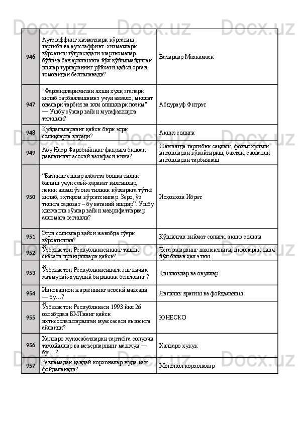 946 Аутстаффинг хизматлари кўрсатиш 
тартиби ва аутстаффинг  хизматлари 
кўрсатиш тўғрисидаги шартномалар 
бўйича бажарилишига йўл қўйилмайдиган 
ишлар турларининг рўйхати қайси орган 
томонидан белгиланади?  Вазирлар Маҳкамаси 
947 "Фарзандларимизни яхши хулқ эгалари 
қилиб тарбиялашимиз учун аввало, миллат
оналари тарбия ва илм олишлари лозим" 
— Ушбу сўзлар қайси мутафаккирга 
тегишли?  Абдурауф Фитрат 
948 Қуйдагиларнинг қайси бири эгри 
солиқларга киради?  Акциз солиғи 
949 Абу Наср Фаробийнинг фикрига биноан 
давлатнинг асосий вазифаси нима?  Жамиятда тартибни сақлаш, фозил хулқли 
инсонларни кўпайтириш, бахтли, саодатли 
инсонларни тарбиялаш 
950 “Бизнинг ёшлар албатта бошқа тилни 
билиш учун саъй-ҳаракат қилсинлар, 
лекин аввал ўз она тилини кўзларига тўтиё
қилиб, эҳтиром кўрсатсинлар. Зеро, ўз 
тилига садоқат – бу ватаний ишдир”. Ушбу
ҳикматли сўзлар қайси маърифатпарвар 
алломага тегишли?  Исҳоқхон Ибрат 
951 Эгри солиқлар қайси жавобда тўғри 
кўрсатилган?  Қўшилган қиймат солиғи, акциз солиғи 
952 Ўзбекистон Республикасининг ташқи 
сиёсати принциплари қайси?  Чегараларнинг дахлсизлиги, низоларни тинч
йўл билан ҳал этиш 
953 Ўзбекистон Республикасидаги энг кичик 
маъмурий-ҳудудий бирликни белгиланг.?  Қишлоқлар ва овуллар 
954 Инновацион жараённинг асосий мақсади 
— бу…?  Янгилик яратиш ва фойдаланиш 
955 Ўзбекистон Республикаси 1993 йил 26 
октябрдан БМТнинг қайси 
ихтисослаштирилган муассасаси аъзосига 
айланди?  ЮНЕСКО 
956 Халқаро муносабатларни тартибга солувчи
тамойиллар ва меъёрларнинг мажмуи — 
бу …?  Халқаро ҳуқуқ 
957 Рекламадан қандай корхоналар жуда кам 
фойдаланади?  Монопол корхоналар