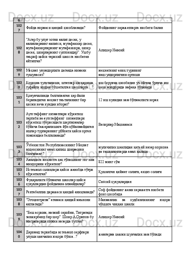 6
102
7 Фойда нормаси қандай ҳисобланади?  Фойданинг харажатларга нисбати билан 
102
8 “Агар бу улуғ зотни авлиё десак, у 
авлиёларнинг авлиёси, мутафаккир десак, 
мутафаккирларнинг мутафаккири, шоир 
десак, шоирларнинг султонидир”. Ушбу 
таъриф қайси тарихий шахсга нисбатан 
айтилган?  Алишер Навоий 
102
9 Меҳнат унумдорлиги деганда нимани 
тушунасиз?  меҳнатнинг аниқ турининг 
маҳсулдорлигини ортиши 
103
0 Корхона тугатилиши, штатлар қисқариши 
туфайли ишдан бўшатилган шахсларга…?  иш берувчи ҳисобидан уч ойгача ўртача иш 
ҳақи миқдорида нафақа тўланади 
103
1 Қонунчиликда белгиланган ҳар йили 
бериладиган меҳнат таътилининг бир 
қисми неча кундан иборат?  12 иш кунидан кам бўлмаслиги керак 
103
2 Аутстаффинг хизматлари кўрсатиш 
тартиби ва аутстаффинг  хизматлари 
кўрсатиш тўғрисидаги шартномалар 
бўйича бажарилишига йўл қўйилмайдиган 
ишлар турларининг рўйхати қайси орган 
томонидан белгиланади?  Вазирлар Маҳкамаси 
103
3 Ўзбекистон Республикасининг Меҳнат 
кодексининг амал қилиш доирасини 
белгиланг.?  мулкчилик шаклидан қатъий назар корхона 
ва ташкилотларда амал қилади 
103
4 Амалдаги меҳнатга ҳақ тўлашнинг энг кам 
миқдорини кўрсатинг?  822 минг сўм 
103
5 Истеъмол солиқлари қайси жавобда тўғри 
кўрсатилган?  Қушилган қиймат солиғи, акциз солиғи 
103
6 Фуқаролиги бўлмаган шахслар қайси 
ҳуқуқлардан фойдалана олмайдилар?  Сиёсий ҳуқуқлардан 
103
7 Рентабеллик даражаси қандай аниқланади? Соф фойданинг жами харажатга нисбати 
фоиз ҳисобида 
103
8 “Эгоцентризм” атамаси қандай маънони 
англатади?  Манманлик   ва   худбинликнинг   юқори
чўққига чиққан шакли 
103
9 “Беш асрким, назмий саройни, Титратади 
занжирбанд бир шер”. Шоир А.Орипов бу 
мисраларида кимни назарда тутган?  Алишер Навоий 
104
0 Даромад таркибида истеъмол сарфлари 
улуши қанчалик юқори бўлса...?  жамғарма ҳажми шунчалик кам бўлади