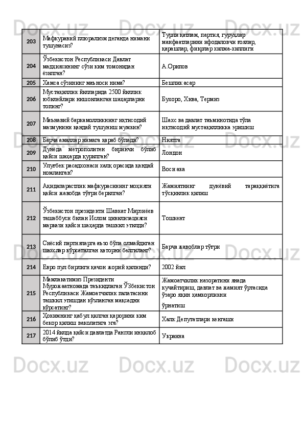 203 Мафкуравий плюрализм деганда нимани 
тушунасиз?  Турли қатлам, партия, гуруҳлар 
манфаатларини ифодаловчи ғоялар, 
қарашлар, фикрлар хилма-хиллиги 
204 Ўзбекистон Республикаси Давлат 
мадҳиясининг сўзи ким томонидан 
ёзилган?  А.Орипов 
205
Хамса сўзининг маъноси нима?  Бешлик асар 
206 Мустақиллик йилларида 2500 йиллик 
юбилейлари нишонланган шаҳарларни 
топинг?  Бухоро, Хива, Термиз 
207 Маънавий баркамолликнинг иқтисодий 
мазмунини қандай тушуниш мумкин?  Шахс ва давлат таъминотида тўла 
иқтисодий мустақилликка эришиш 
208
Барча амаллар нимага қараб бўлади?  Ниятга 
209 Дунёда   метрополитен   биринчи   бўлиб
қайси шаҳарда қурилган?  Лондон 
210 Улуғбек расадхонаси халқ орасида қандай 
номланган?  Воси ака 
211 Ақидапарастлик мафкурасининг моҳияти 
қайси жавобда тўғри берилган?  Жамиятнинг   дунёвий   тараққиётига
тўсқинлик қилиш 
212 Ўзбекистон президенти Шавкат Мирзиёев 
ташаббуси билан Ислом цивилизацияси 
маркази қайси шаҳарда ташкил этилди?  Тошкент 
213 Сиёсий партияларга аъзо бўла олмайдиган 
шахслар кўрсатилган қаторни белгиланг?  Барча жавоблар тўғри 
214
Евро пул бирлиги қачон жорий қилинди?  2002 йил 
215 Мамлакатимиз Президенти 
Мурожаатномада таъкидлаган ЎЗбекистон 
Республикаси Жамоатчилик палатасини 
ташкил этишдан кўзланган мақсадни 
кўрсатинг?  Жамоатчилик назоратини янада 
кучайтириш, давлат ва жамият ўртасида 
ўзаро яқин ҳамкорликни 
ўрнатиш 
216 Ҳокимнинг қабул қилган қарорини ким 
бекор қилиш ваколатига эга?  Халк Депутатлари кенгаши 
217 2014 йилда қайси давлатда Рангли инқилоб
бўлиб ўтди?  Украина