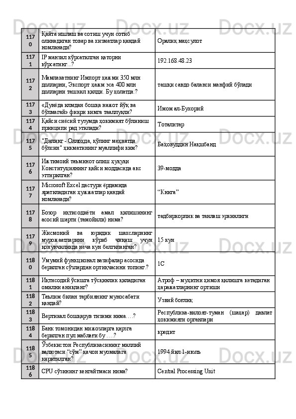 117
0 Қайта ишлаш ва сотиш учун сотиб 
олинадиган товар ва хизматлар қандай 
номланади?  Оралиқ маҳсулот 
117
1 IP манзил кўрсатилган қаторни 
кўрсатинг...?  192.168.48.23 
117
2 Мамлакатнинг Импорт ҳажми 350 млн 
долларни, Экспорт ҳажм эса 400 млн 
долларни ташкил қилди. Бу ҳолатда:?  ташқи савдо баланси манфий бўлади 
117
3 «Дунёда илмдан бошқа нажот йўқ ва 
бўлмагай» фикри кимга тааллуқли?  Имом ал-Бухорий 
117
4 Қайси сиёсий тузумда ҳокимият бўлиниш 
принципи рад этилади?  Тоталитар 
117
5 "Дилинг - Оллоҳда, қўлинг меҳнатда 
бўлсин" ҳикматининг муаллифи ким?  Баҳовуддин Нақшбанд 
117
6 Ижтимоий таъминот олиш ҳуқуқи 
Конституциянинг қайси моддасида акс 
эттирилган?  39-модда 
117
7 Microsoft Excel дастури ёрдамида 
яратиладиган ҳужжатлар қандай 
номланади?  “Книга” 
117
8 Бозор   иқтисодиёти   амал   қилишининг
асосий шарти (тамойили) нима?  тадбиркорлик ва танлаш эркинлиги 
117
9 Жисмоний   ва   юридик   шахсларнинг
мурожаатларини   кўриб   чиқиш   учун
қонунчиликда неча кун белгиланган?  15 кун 
118
0 Умумий функционал вазифалар асосида 
берилган сўзлардан ортиқчасини топинг.?  1C 
118
1 Иқтисодий ўсишга тўсқинлик қиладиган 
омилни аниқланг?  Атроф – муҳитни ҳимоя қилишга кетадиган 
ҳаражатларнинг ортиши 
118
2 Таълим билан тарбиянинг муносабати 
қандай?  Узвий боғлиқ 
118
3 Вертикал бошқарув тизими нима….?  Республика-вилоят-туман   (шаҳар)   давлат
ҳокимияти органлари 
118
4 Банк томонидан мижозларга қарзга 
берилган пул маблағи бу ….?  кредит 
118
5 Ўзбекистон Республикасининг миллий 
валютаси “сўм” қачон муомалага 
киритилган?  1994 йил 1-июлъ 
118
6 CPU сўзининг кенгайтмаси нима?  Central Processing Unit