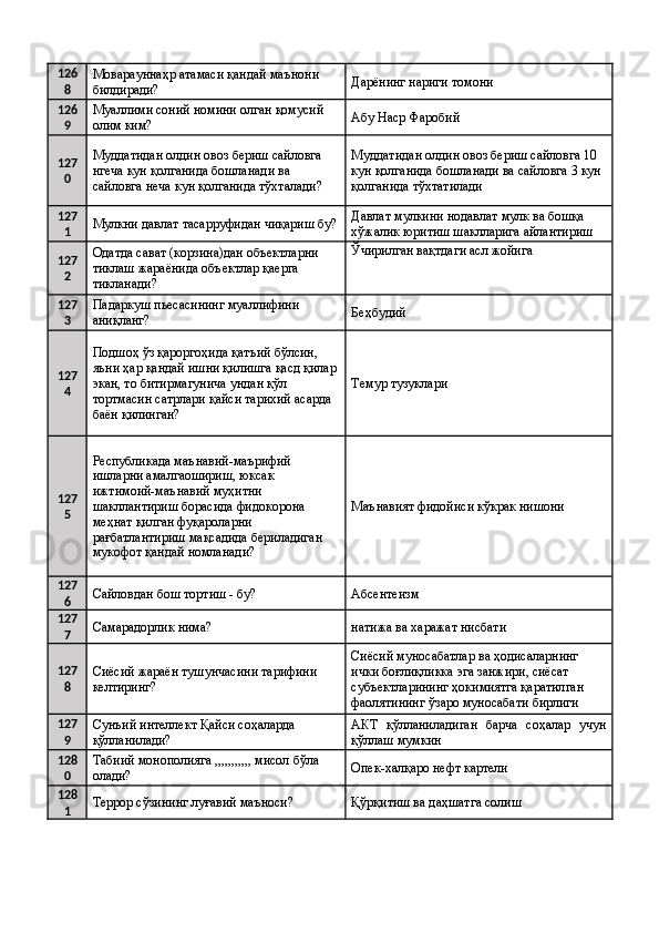 126
8 Моварауннаҳр атамаси қандай маънони 
билдиради?  Дарёнинг нариги томони 
126
9 Муаллими соний номини олган қомусий 
олим ким?  Абу Наср Фаробий 
127
0 Муддатидан олдин овоз бериш сайловга 
нгеча кун қолганида бошланади ва 
сайловга неча кун қолганида тўхталади?  Муддатидан олдин овоз бериш сайловга 10 
кун қолганида бошланади ва сайловга 3 кун 
қолганида тўхтатилади 
127
1 Мулкни давлат тасарруфидан чиқариш бу? Давлат мулкини нодавлат мулк ва бошқа 
хўжалик юритиш шаклларига айлантириш 
127
2 Одатда сават (корзина)дан объектларни 
тиклаш жараёнида объектлар қаерга 
тикланади?  Ўчирилган вақтдаги асл жойига 
127
3 Падаркуш пьесасининг муаллифини 
аниқланг?  Беҳбудий 
127
4 Подшоҳ ўз қароргоҳида қатъий бўлсин, 
яъни ҳар қандай ишни қилишга қасд қилар
экан, то битирмагунича ундан қўл 
тортмасин сатрлари қайси тарихий асарда 
баён қилинган?  Темур тузуклари 
127
5 Республикада маънавий-маърифий 
ишларни амалгаошириш, юксак 
ижтимоий-маънавий муҳитни 
шакллантириш борасида фидокорона 
меҳнат қилган фуқароларни 
рағбатлантириш мақсадида бериладиган 
мукофот қандай номланади?  Маънавият фидойиси кўкрак нишони  
127
6 Сайловдан бош тортиш - бу?  Абсентеизм 
127
7 Самарадорлик нима?  натижа ва харажат нисбати 
127
8 Сиёсий жараён тушунчасини тарифини 
келтиринг?  Сиёсий муносабатлар ва ҳодисаларнинг 
ички боғлиқликка эга занжири, сиёсат 
субъектларининг ҳокимиятга қаратилган 
фаолятининг ўзаро муносабати бирлиги 
127
9 Сунъий интеллект Қайси соҳаларда 
қўлланилади?  АКТ   қўлланиладиган   барча   соҳалар   учун
қўллаш мумкин 
128
0 Табиий монополияга ,,,,,,,,,,, мисол бўла 
олади?  Опек-халқаро нефт картели 
128
1 Террор сўзининг луғавий маъноси?  Қўрқитиш ва даҳшатга солиш  
