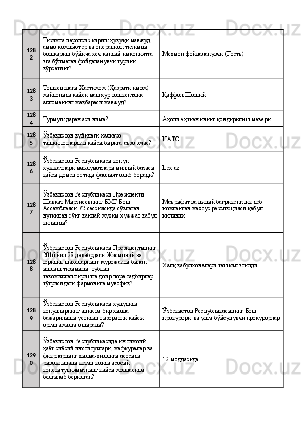 128
2 Тизимга паролсиз кириш ҳуқуқи мавжуд, 
аммо компьютер ва операцион тизимни 
бошқариш бўйича ҳеч қандай имкониятга 
эга бўлмаган фойдаланувчи турини 
кўрсатинг?  Меҳмон фойдаланувчи (Гость) 
128
3 Тошкентдаги Хастимом (Ҳазрати имом) 
майдонида қайси машҳур тошкентлик 
алломанинг мақбараси мавжуд?  Қаффол Шоший 
128
4 Турмуш даражаси нима?  Аҳоли эҳтиёжининг қондирилиш меъёри 
128
5 Ўзбекистон қуйидаги халқаро 
ташкилотлардан қайси бирига аъзо эмас?  НАТО 
128
6 Ўзбекистон Республикаси қонун 
ҳужжатлари маълумотлари миллий базаси 
қайси домен остида фаолият олиб боради?  Lex.uz 
128
7 Ўзбекистон Республикаси Президенти 
Шавкат Мирзиёевнинг БМТ Бош 
Ассамблеяси 72-сессиясида сўзлаган 
нутқидан сўнг қандай муҳим ҳужжат қабул
қилинди?  Маърифат ва диний бағрикенглик деб 
номланган махсус резолюцияси қабул 
қилинди 
128
8 Ўзбекистон Республикаси Президентининг
2016 йил 28 декабрдаги Жисмоний ва 
юридик шахсларнинг мурожаати билан 
ишлаш тизимини  тубдан 
такомиллаштиришга доир чора тадбирлар 
тўғрисидаги фармонига мувофиқ?  Халқ қабулхоналари ташкил этилди 
128
9 Ўзбекистон Республикаси ҳудудида 
қонунларнинг аниқ ва бир хилда 
бажарилиши устидан назоратни қайси 
орган амалга оширади?  Ўзбекистон Республикасининг Бош 
прокурори  ва унга бўйсунувчи прокурорлар
129
0 Ўзбекистон Республикасида ижтимоий 
ҳаёт сиёсий институтлари, мафкуралар ва 
фикрларнинг хилма-хиллиги асосида 
ривожланади деган қоида асосий 
конституциямизнинг қайси моддасида 
белгилаб берилган?  12-моддасида
