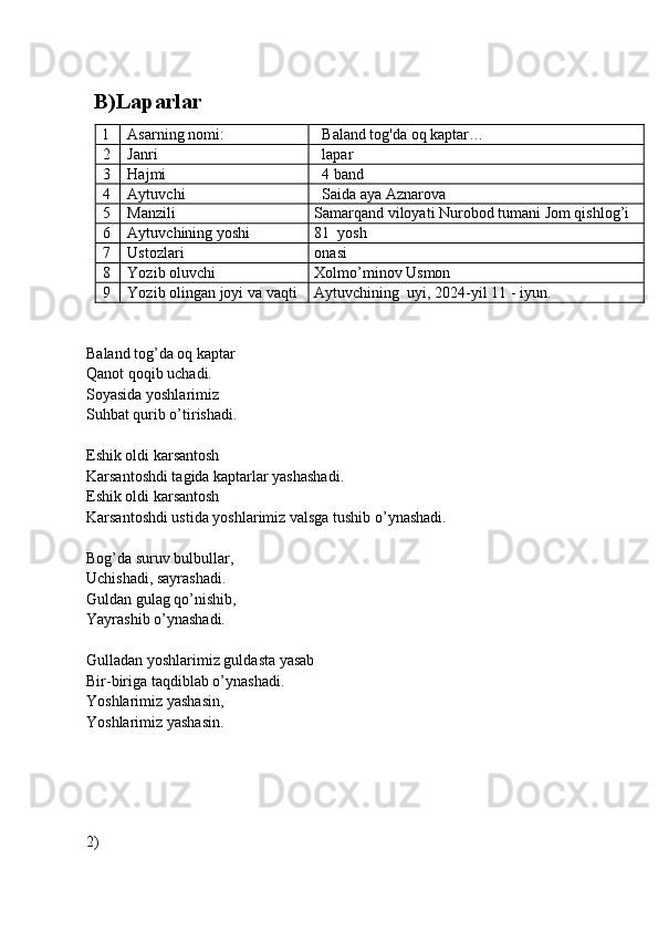 B)Laparlar
1 Asarning nomi:    Baland tog'da oq kaptar…
2 Janri   lapar
3 Hajmi   4 band
4 Aytuvchi   Saida aya Aznarova
5 Manzili Samarqand viloyati Nurobod tumani Jom qishlog’i
6 Aytuvchining yoshi 81   yosh
7 Ustozlari onasi
8 Yozib oluvchi Xolmo’minov Usmon
9 Yozib olingan joyi va vaqti Aytuvchining   uyi, 202 4 -yil  11  - iyu n . 
Baland tog’da oq kaptar
Qanot qoqib uchadi.
Soyasida yoshlarimiz
Suhbat qurib o’tirishadi.
Eshik oldi karsantosh
Karsantoshdi tagida kaptarlar yashashadi.
Eshik oldi karsantosh
Karsantoshdi ustida yoshlarimiz valsga tushib o’ynashadi.
Bog’da suruv bulbullar,
Uchishadi, sayrashadi.
Guldan gulag qo’nishib,
Yayrashib o’ynashadi.
Gulladan yoshlarimiz guldasta yasab
Bir-biriga taqdiblab o’ynashadi.
Yoshlarimiz yashasin,
Yoshlarimiz yashasin.
2)