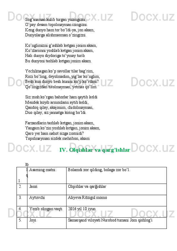 Sog’inaman kulib turgan yuzingizni,
O’pay desam topolmayman izingizni.
Keng dunyo ham tor bo’ldi-ya, jon akam,
Dunyolarga alishmasman o’zingizni.
Ko’nglimizni g’ashlab ketgan jonim akam,
Ko’zlarimni yoshlab ketgan jonim akam,
Hali dunyo diydoriga to’ymay turib
Bu dunyoni tashlab ketgan jonim akam.
Yechilmagan ko’p savollar tilar bag’rim,
Rozi bo’ling, deyolmadim, yig’lar ko’nglim,
Besh kun dunyo besh kunini ko’p ko’rdimi?
Qo’lingizdan tutolmayman, yetmas qo’lim.
Siz xush ko’rgan bahorlar ham qaytib keldi
Mendek koyib armonlarin aytib keldi,
Qandoq qilay, akajonim, chidolmayman,
Duo qilay, siz jannatga kiring bo’ldi.
Farzandlarin tashlab ketgan, jonim akam,
Yangam ko’zin yoshlab ketgan, jonim akam,
Qaro yer ham nahot sizga zormidi?
Topolmayman sizdek mehribon, akam
IV. Olqishlar va qarg’ishlar  
1) 
1.
q
1 Asarning matni: Bolamdi xor qilding, bolaga zor bo’l.
2. Janri Olqishlar va qarğishlar
3. Aytuvchi Aliyeva Rōzigul momo
4. Yozib olingan vaqti 2024 yil 10 iyun
5. Joyi Samarqand viloyati Nurobod tumani Jom qishlog’i 