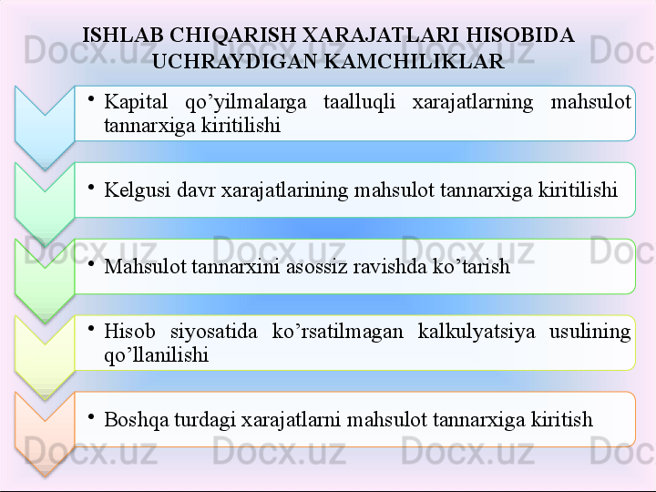 ISHLAB CHIQARISH XARAJATLARI  HISOBIDA 
UCHRAYDIGAN KAMCHILIKLAR
•
Kapital  qo’yilmalarga  taalluqli  xarajatlarning  mahsulot 
tannarxiga kiritilishi 
•
Kelgusi davr xarajatlarining mahsulot tannarxiga kiritilishi 
•
Mahsulot tannarxini asossiz ravishda ko’tarish 
•
Hisob  siyosatida  ko’rsatilmagan  kalkulyatsiya  usulining 
qo’llanilishi 
•
Boshqa turdagi xarajatlarni mahsulot tannarxiga kiritish            