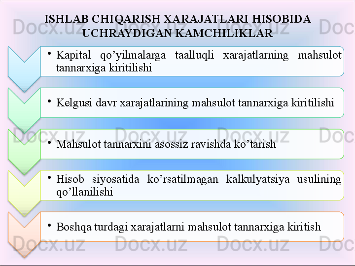 ISHLAB CHIQARISH XARAJATLARI  HISOBIDA 
UCHRAYDIGAN KAMCHILIKLAR
•
Kapital  qo’yilmalarga  taalluqli  xarajatlarning  mahsulot 
tannarxiga kiritilishi 
•
Kelgusi davr xarajatlarining mahsulot tannarxiga kiritilishi 
•
Mahsulot tannarxini asossiz ravishda ko’tarish 
•
Hisob  siyosatida  ko’rsatilmagan  kalkulyatsiya  usulining 
qo’llanilishi 
•
Boshqa turdagi xarajatlarni mahsulot tannarxiga kiritish